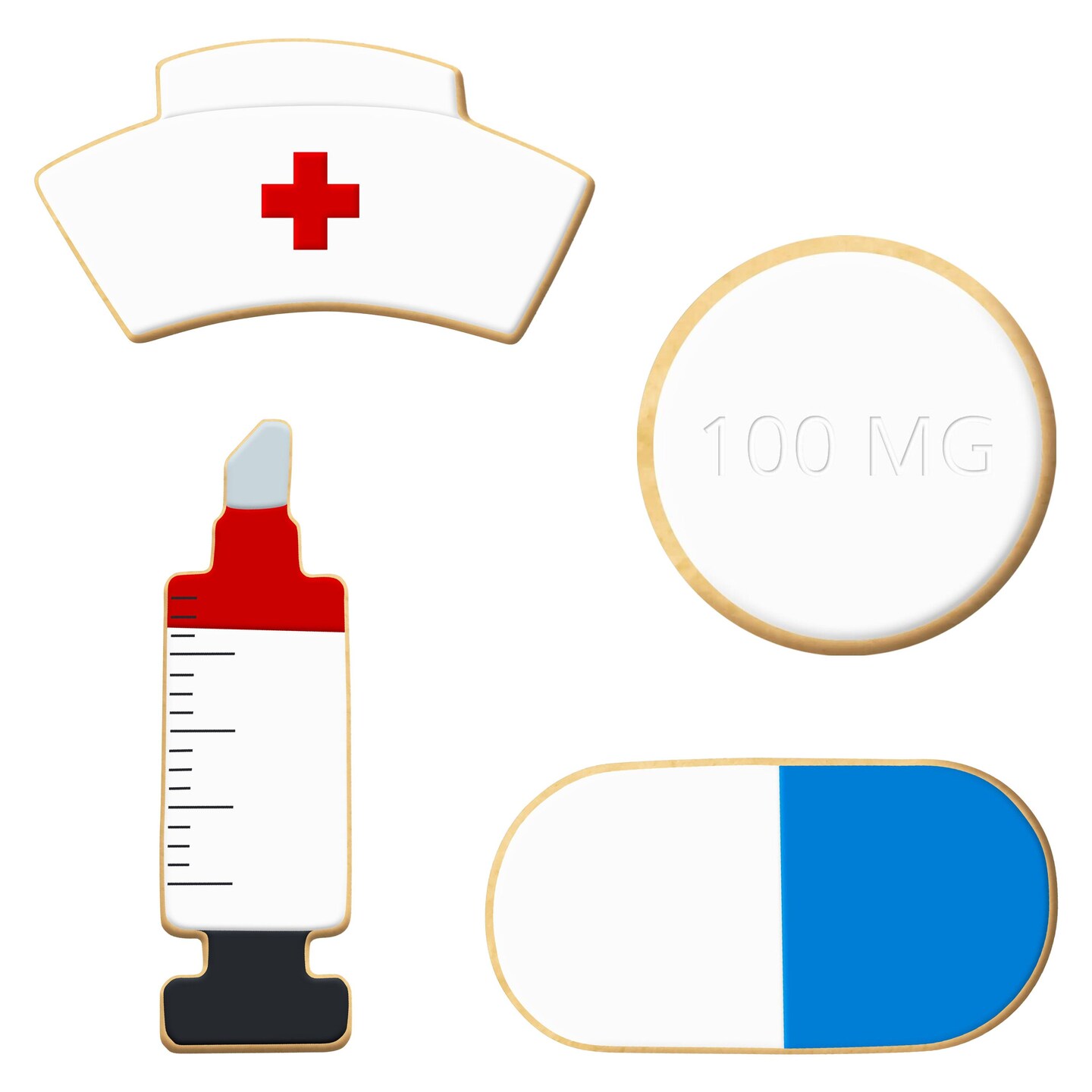 CookieCutter.com Nurse 4 Piece Cookie Cutters Set, Syringe, Hat, Circle Pill, Oval Tablet, Tin Plate Steel, USA