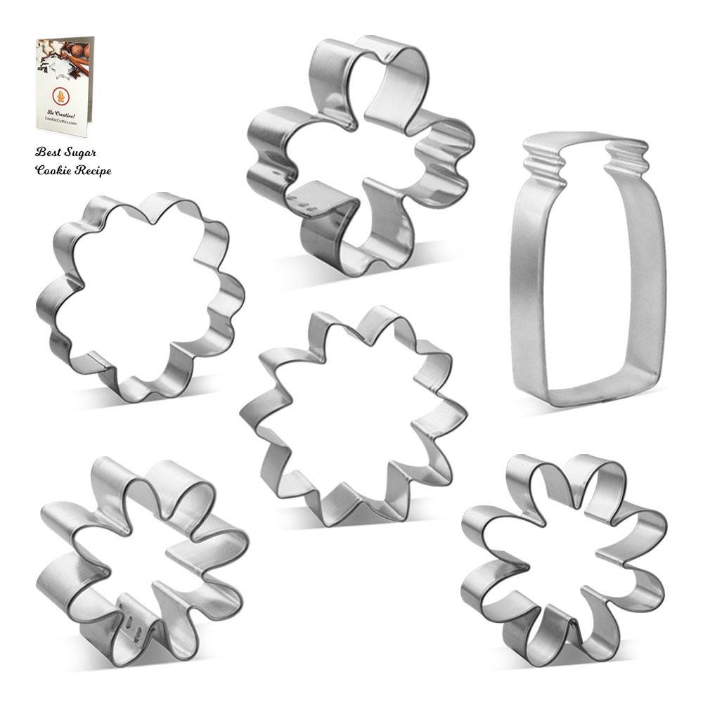CookieCutter.com Mothers Day Flowers 6 Piece Cookie Cutters Set, Sunflower, Mason Jar, Hibiscus, Daisy, Tin Plate Steel, USA