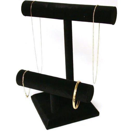 2 Tier Black Velvet T-Bar Bracelet &#x26; Necklace Display