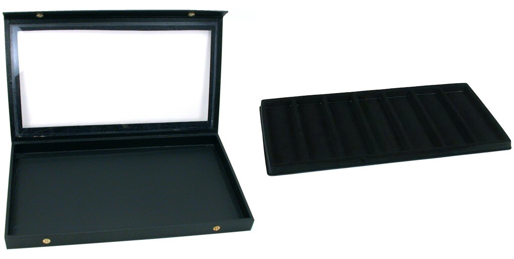 Black Glass Top Jewelry Case (Snap close lid) w/ Black 7-slot Plastic Tray