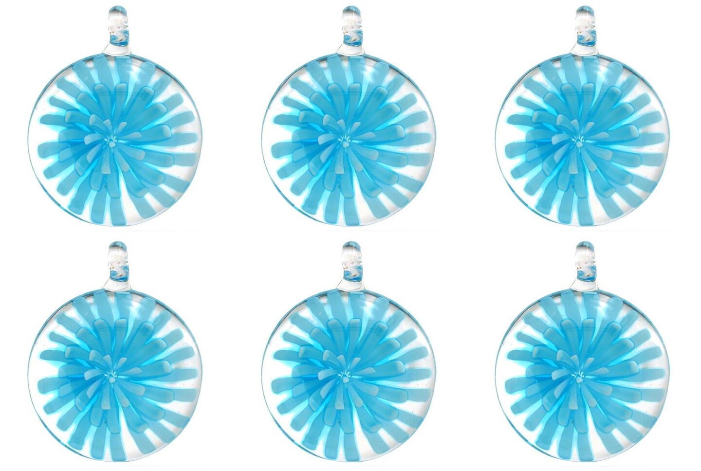 Light Blue Lampwork Glass Pendant Bead Round Flower Pack of 6