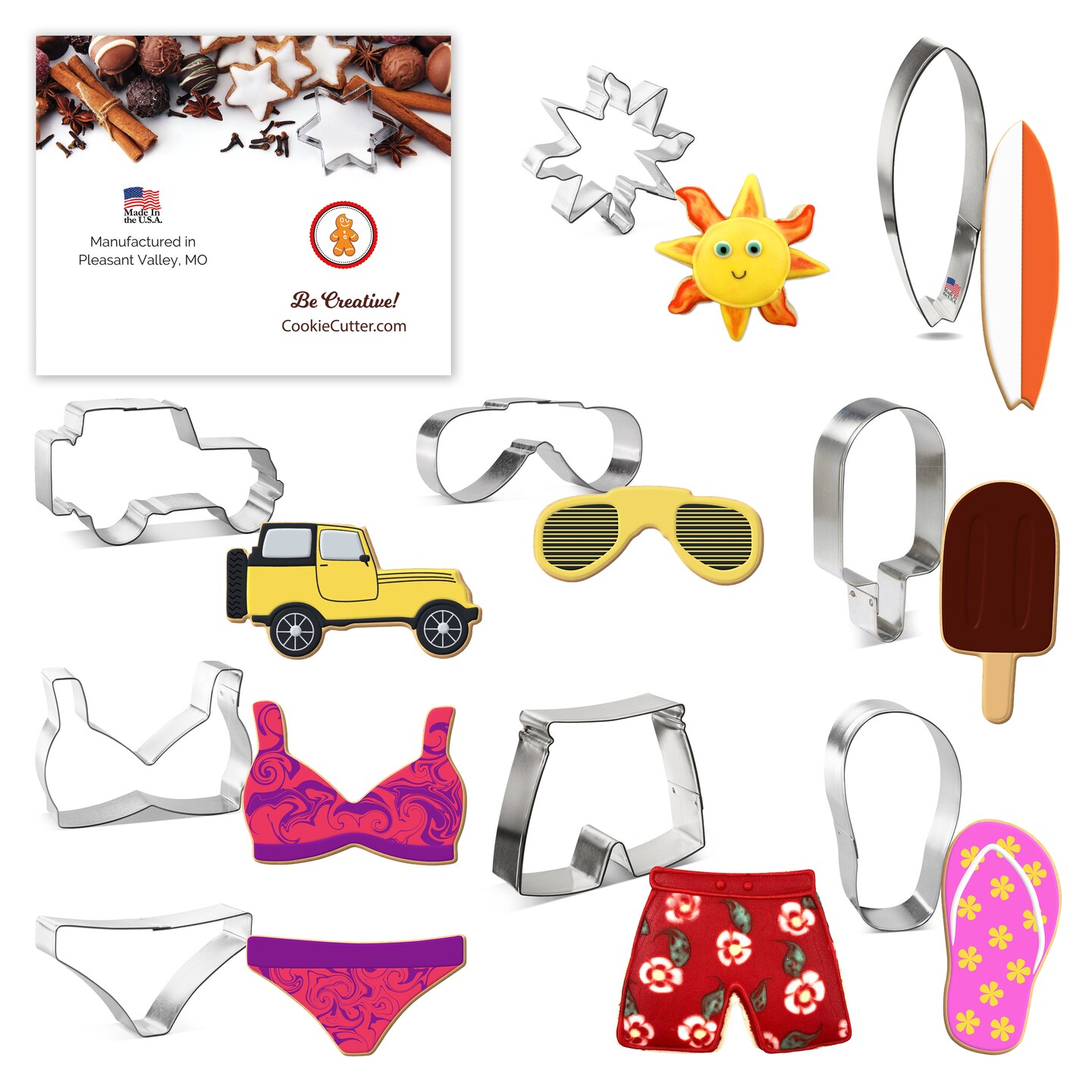 CookieCutter.com 9 Piece Summer Beach Cookie Cutter Set Bikini Top, Bikini Bottom, Swimming Trunks, Flip Flop, Sunglasses, Surfboard, Frozen Treat, SUV Military Off Road Vehicle, Sun, USA