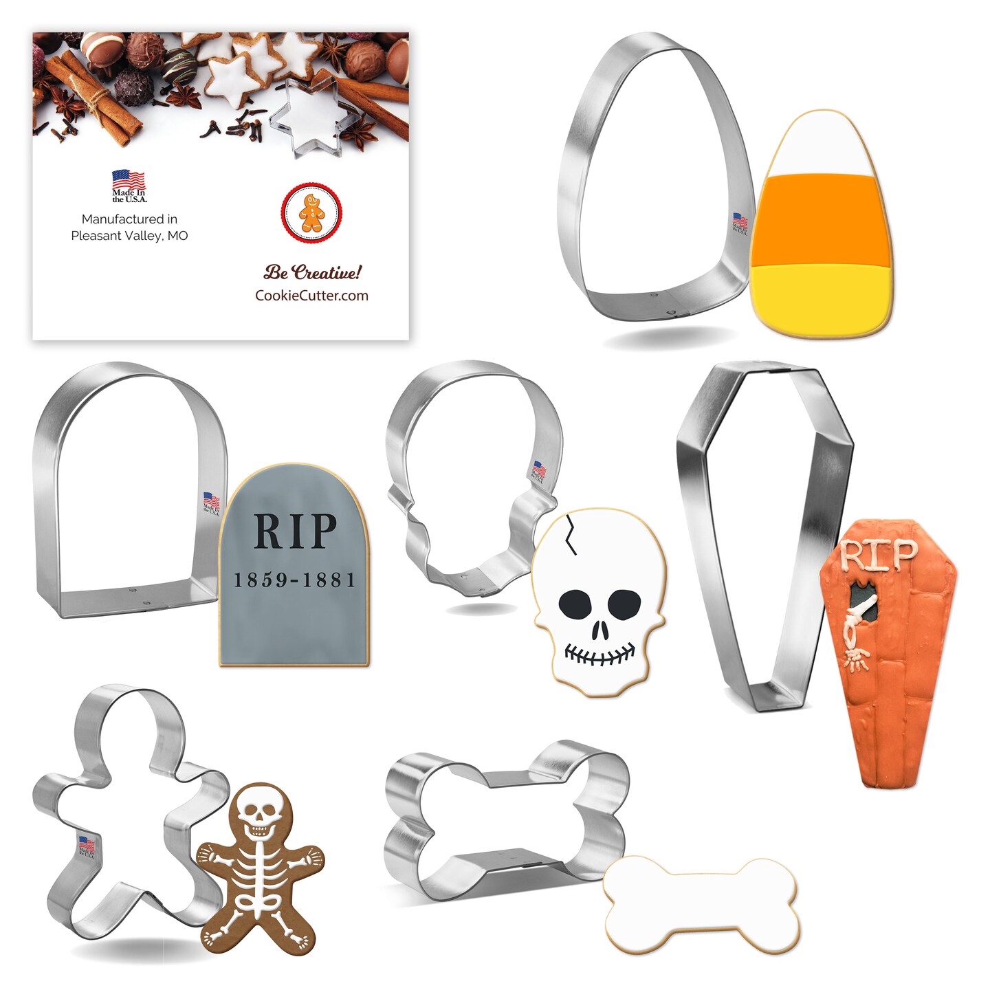 CookieCutter.com 6 Piece Halloween Spooky Graveyard Cookie Cutter Set Tombstone, Coffin, Skull, Candy Corn, Dog Bone, Skeleton, Metal Shapes Made in USA, Silver