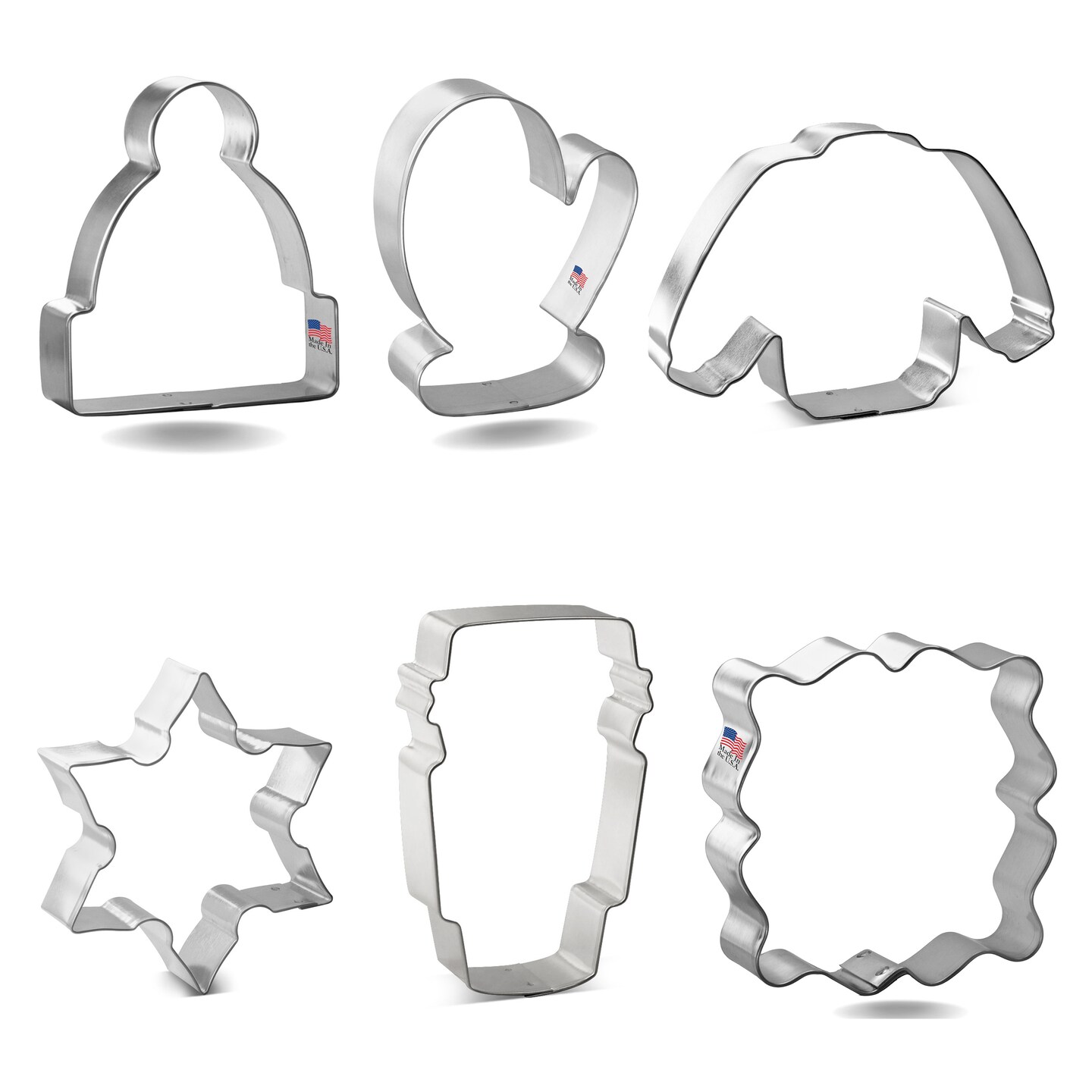 CookieCutter.com 6 Piece Winter Cozy Night Cookie Cutter Set Snowflake, Sweater, Beanie Hat Stocking Cap, Latte Cup, Mitten, Fancy Square Plaque Frame, USA