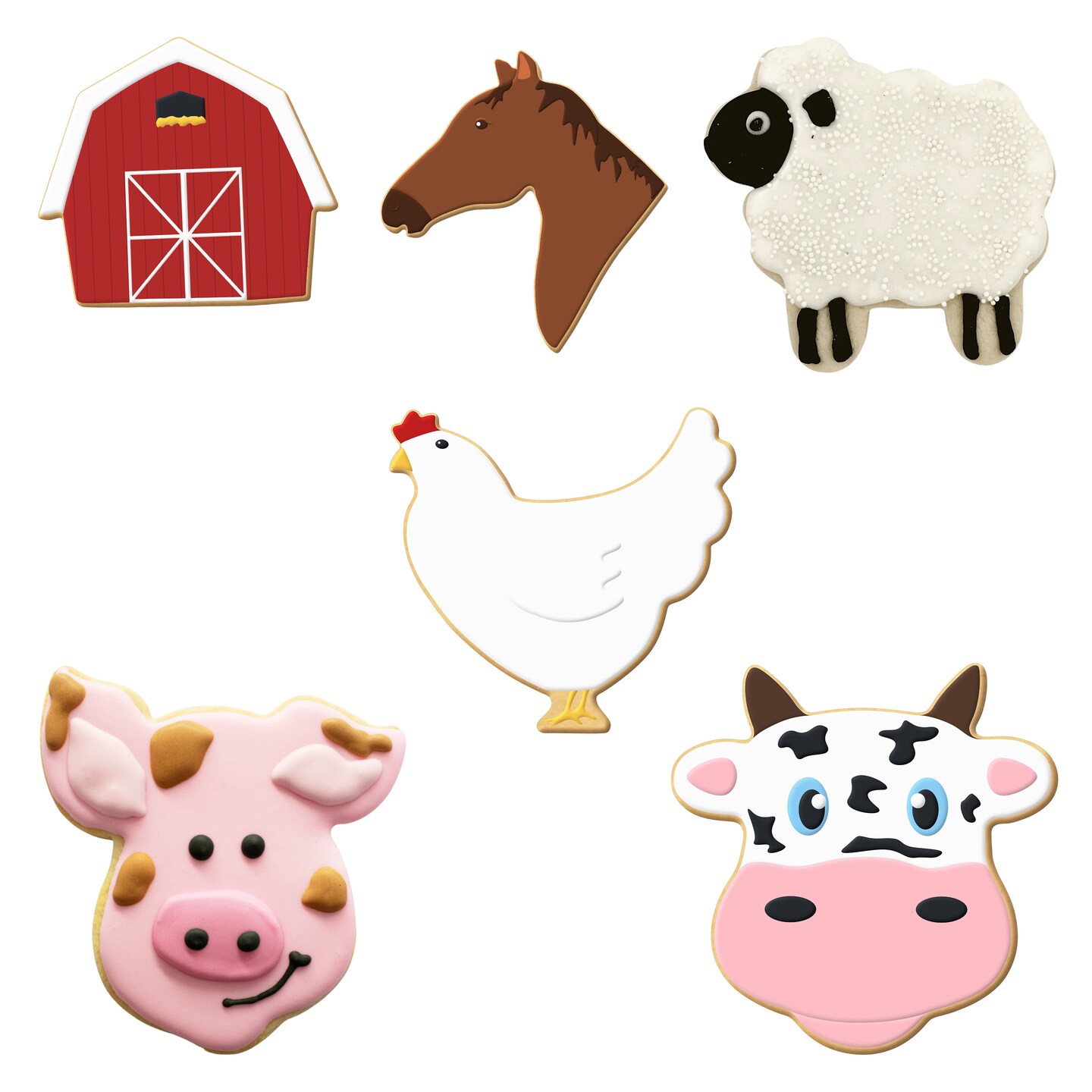 CookieCutter.com 6 Piece Farm Barnyard Cookie Cutter Set Fluffy Sheep, Chicken, Horse Head, Barn, Cow Face, Pig Face, Metal Shapes Made in USA, Silver