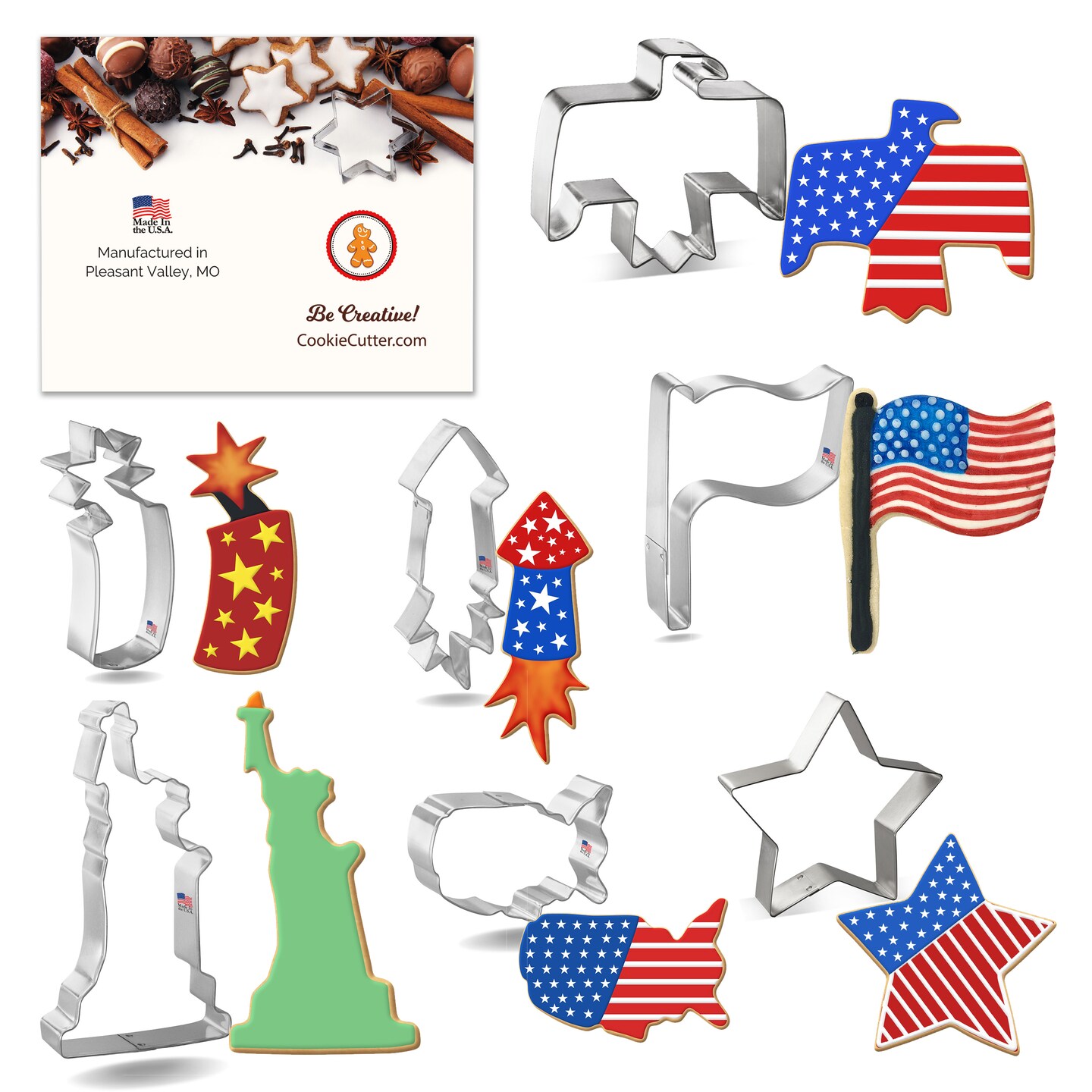 CookieCutter.com 7 Piece Patriotic Cookie Cutter Set Statue of Liberty, USA Map, Thunderbird, Flag, Star, Firework, Fire Cracker, USA