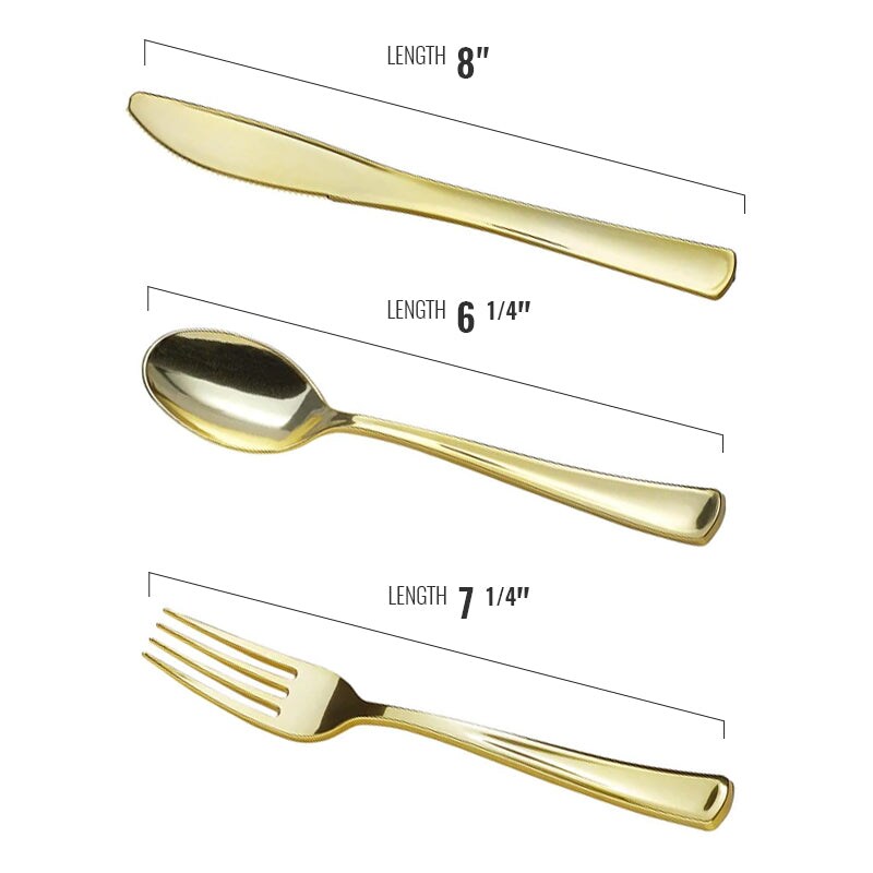 120ct Gold Plastic Cutlery in White Napkin Rolls Set Napkins, Forks, Knives, Spoons and Paper Rings (30 Guests)
