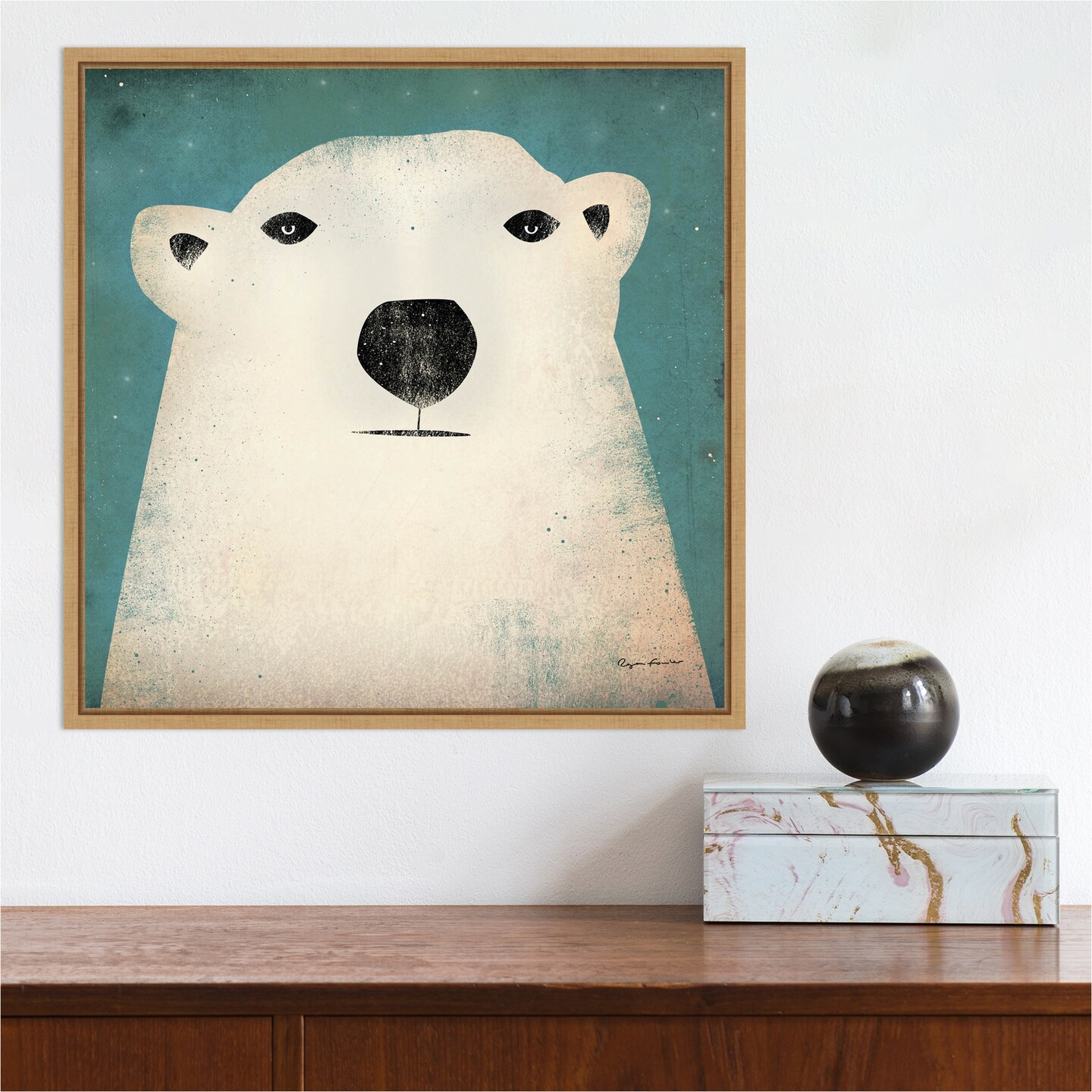 Polar Bear by Ryan Fowler 16-in. W x 16-in. H. Canvas Wall Art Print Framed in Natural