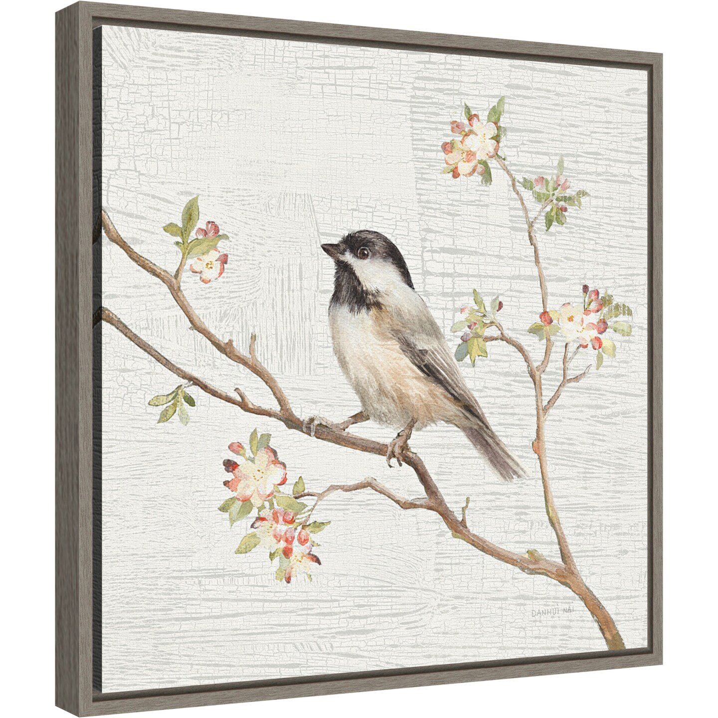 Black Capped Chickadee Vintage by Danhui Nai 16-in. W x 16-in. H. Canvas Wall Art Print Framed in Grey