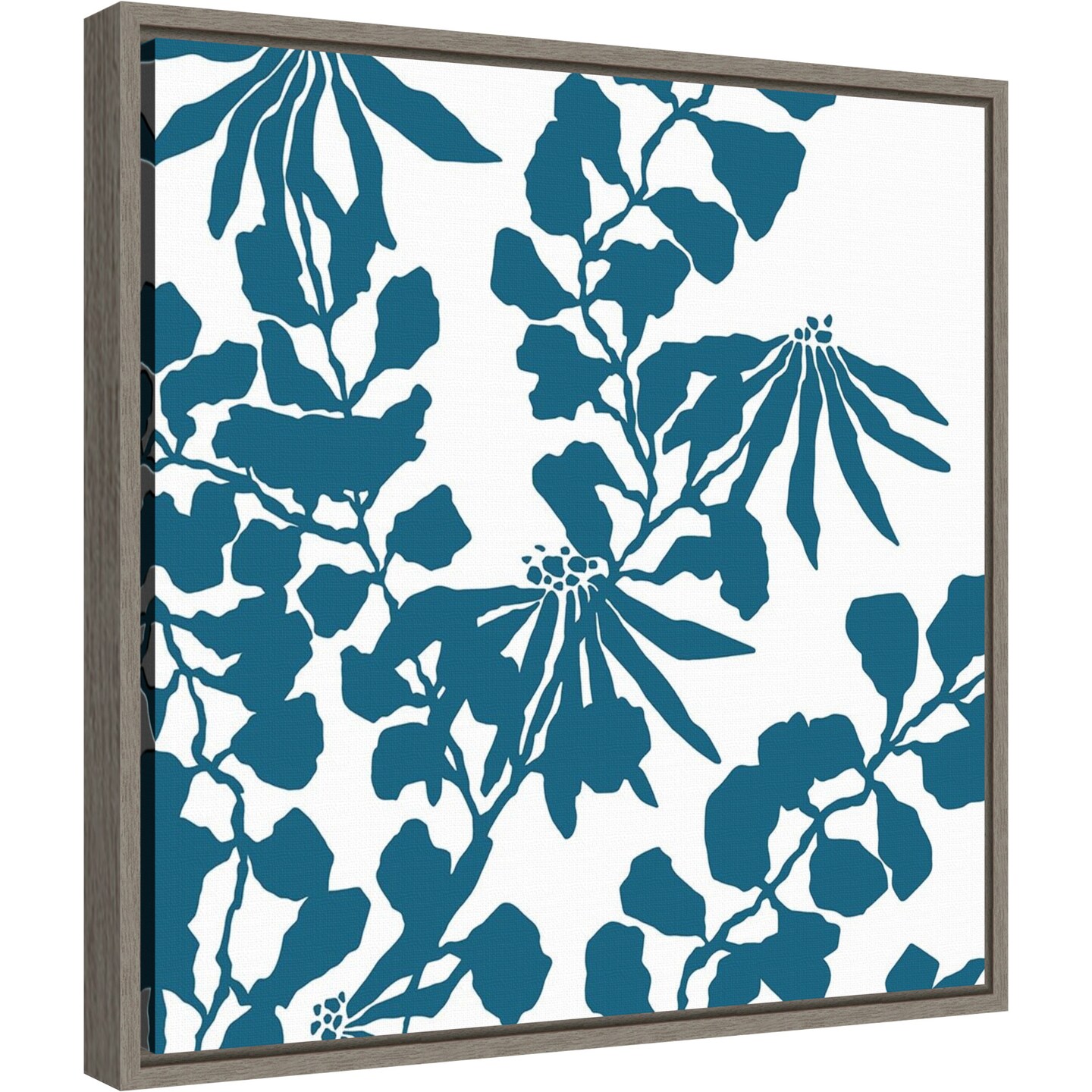 Aqua Trumpet vine Silhouette by Trish Sierer 16-in. W x 16-in. H. Canvas Wall Art Print Framed in Grey