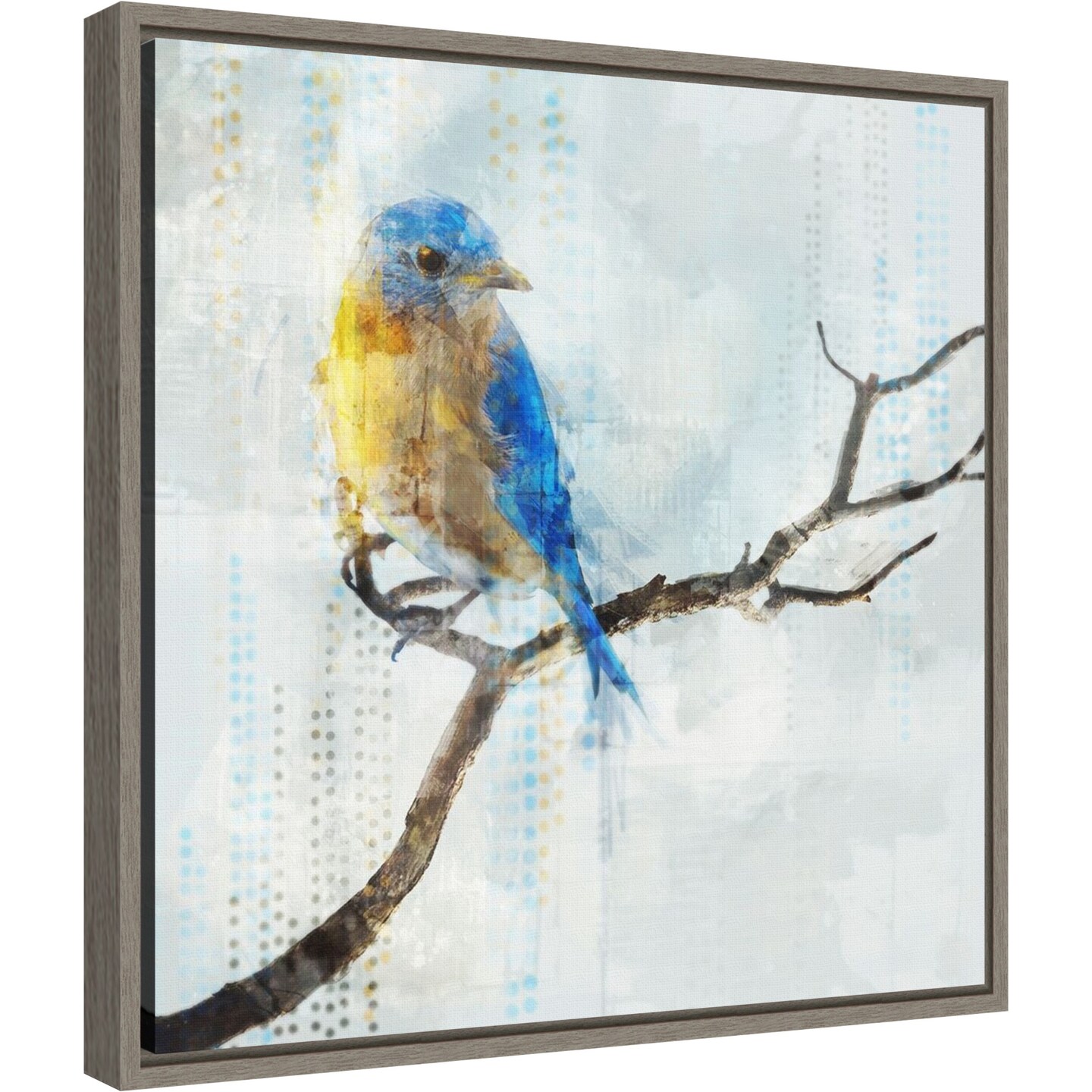 Little Blue Bird I by Ken Roko 16-in. W x 16-in. H. Canvas Wall Art Print Framed in Grey