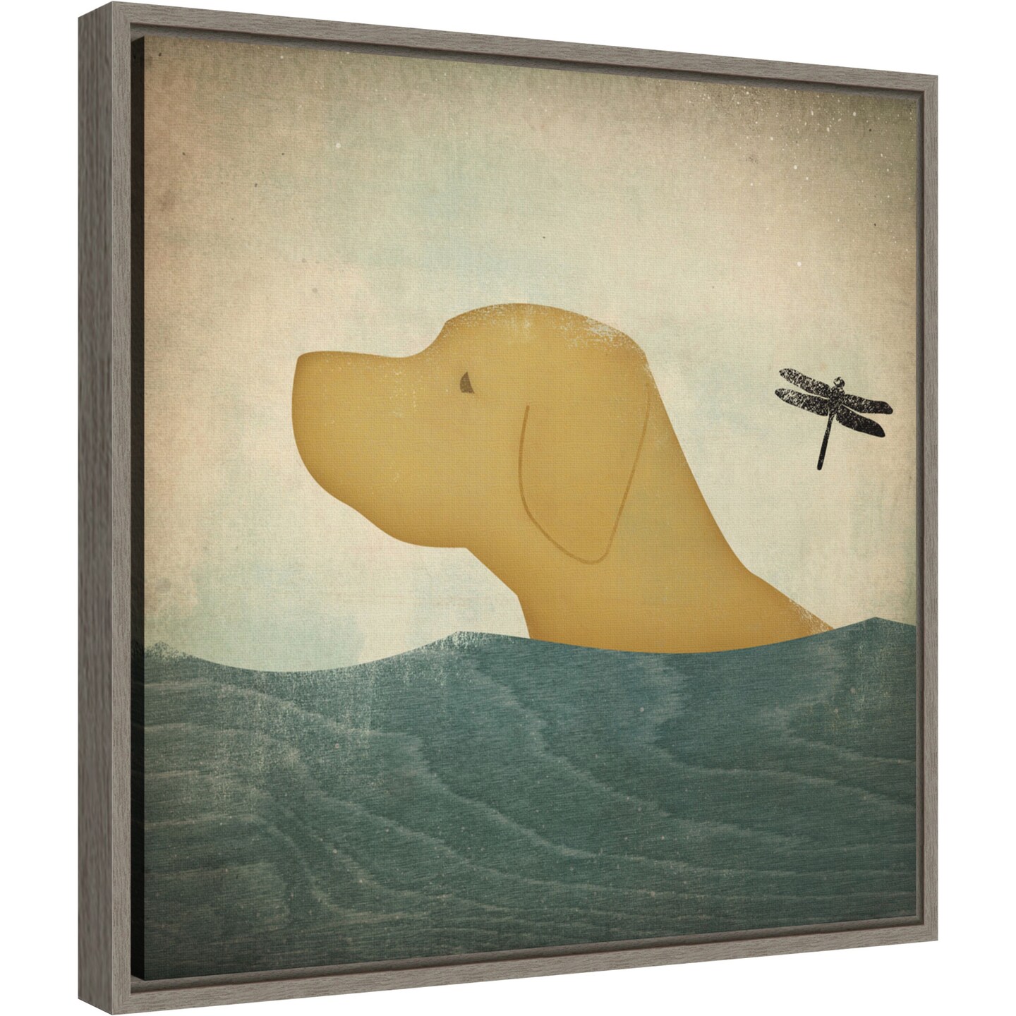 Yellow Dog Swim by Ryan Fowler 16-in. W x 16-in. H. Canvas Wall Art Print Framed in Grey