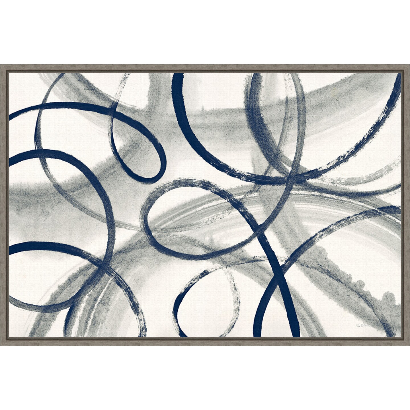 Calligraphia with Navy by Sue Schlabach 23-in. W x 16-in. H. Canvas Wall Art Print Framed in Grey