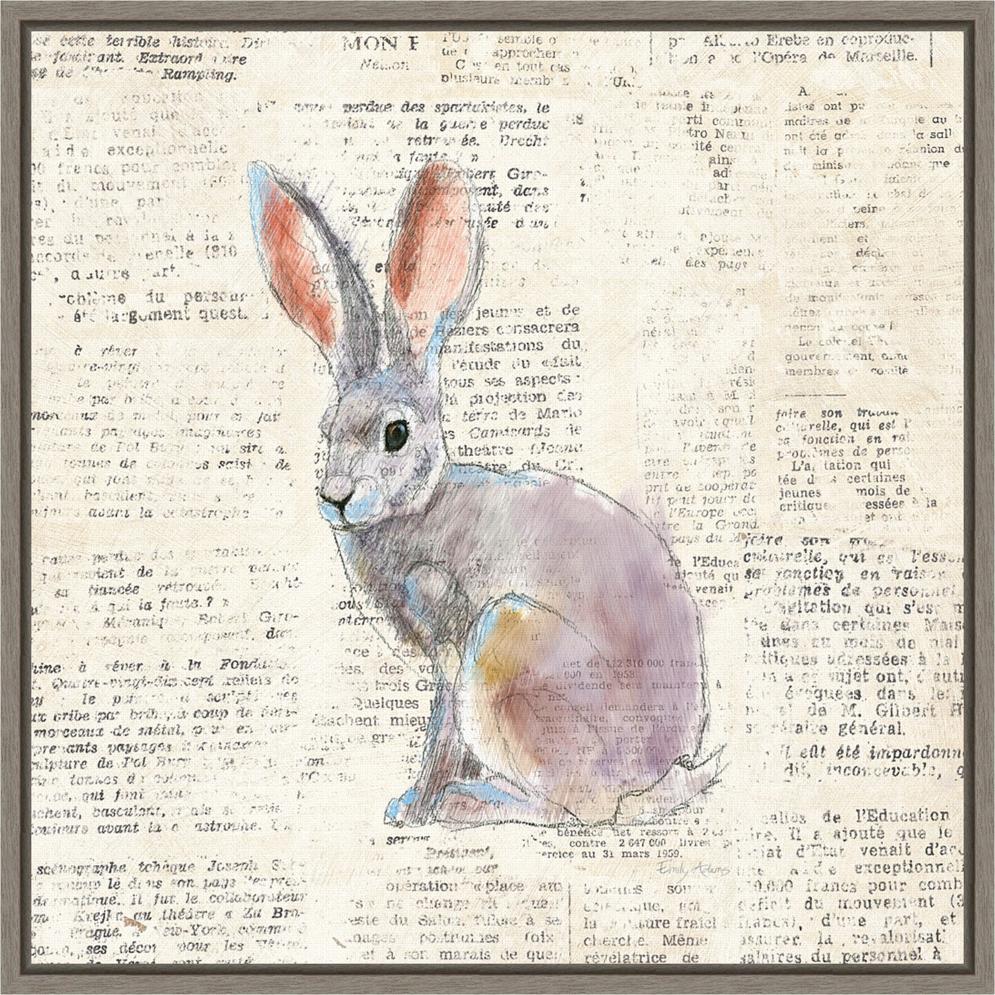Into the Woods I no Border (Hare) by Emily Adams 16-in. W x 16-in. H. Canvas Wall Art Print Framed in Grey