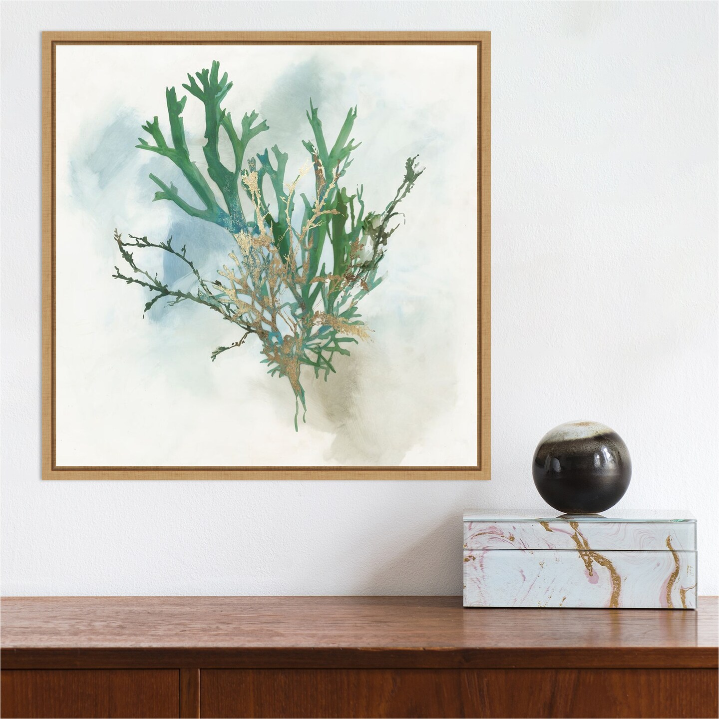 Green Coral I by Aimee Wilson 16-in. W x 16-in. H. Canvas Wall Art Print Framed in Natural