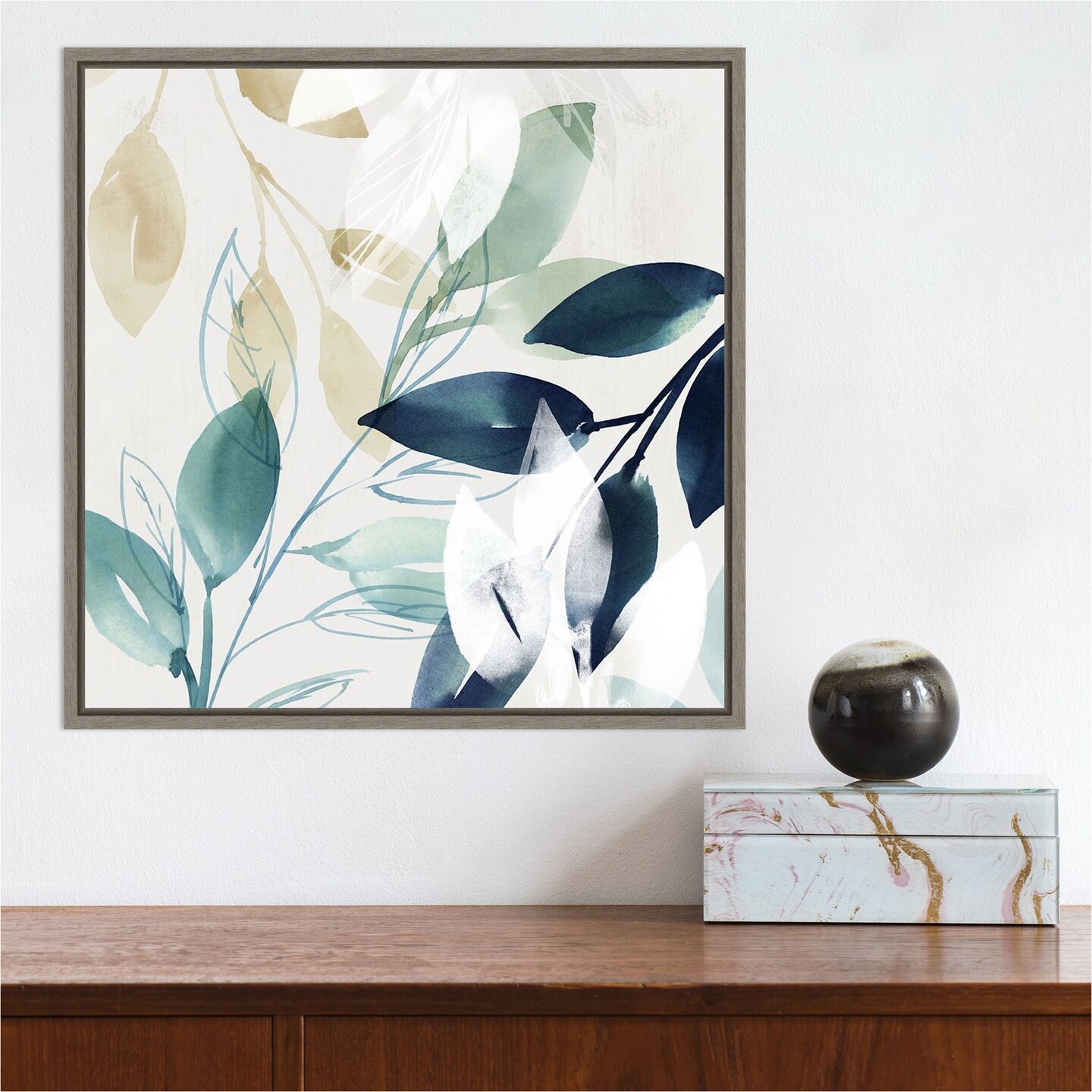 Green Sleeves II (Leaves) by Isabelle Z 16-in. W x 16-in. H. Canvas Wall Art Print Framed in Grey
