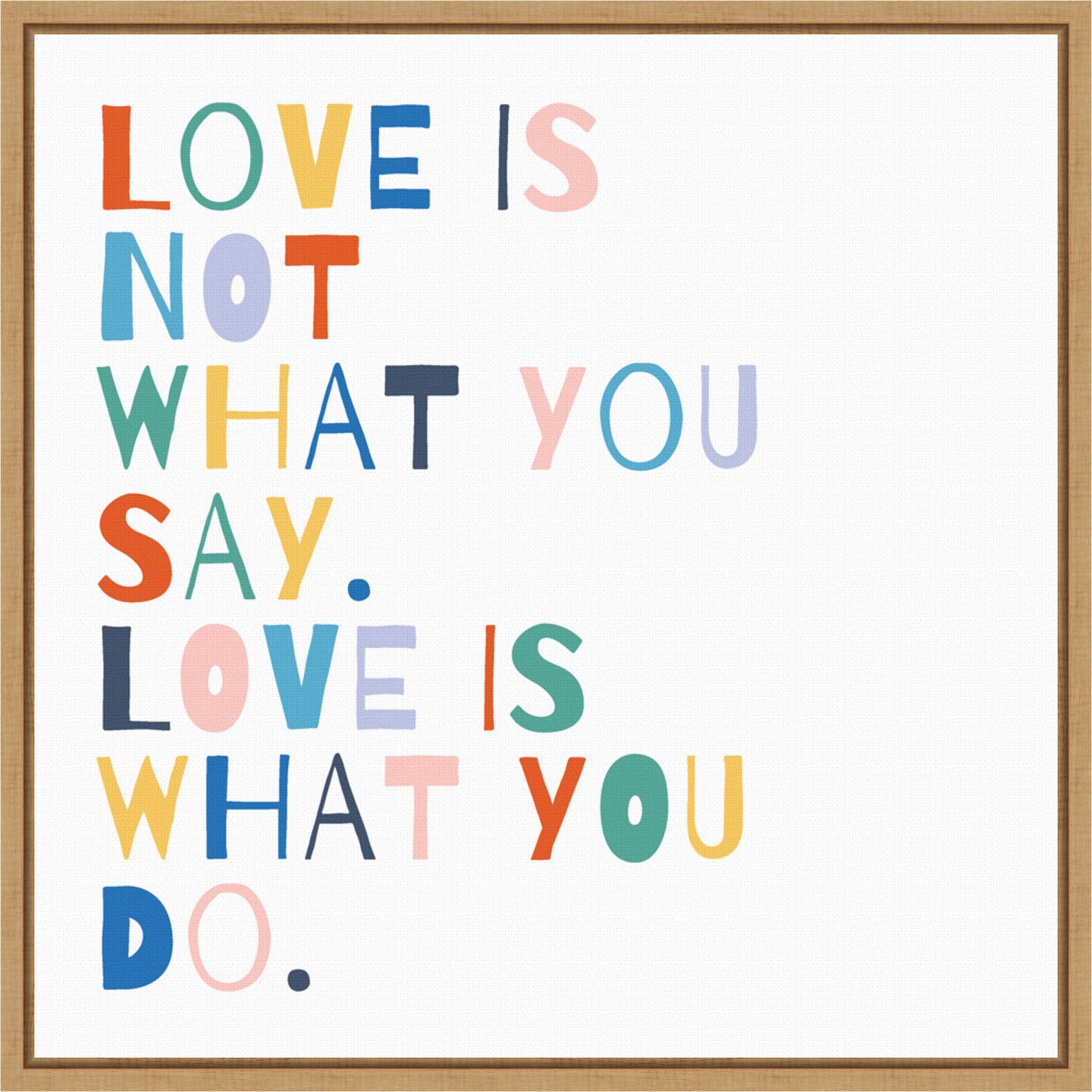 Rainbow Words I by Moira Hershey 16-in. W x 16-in. H. Canvas Wall Art Print Framed in Natural