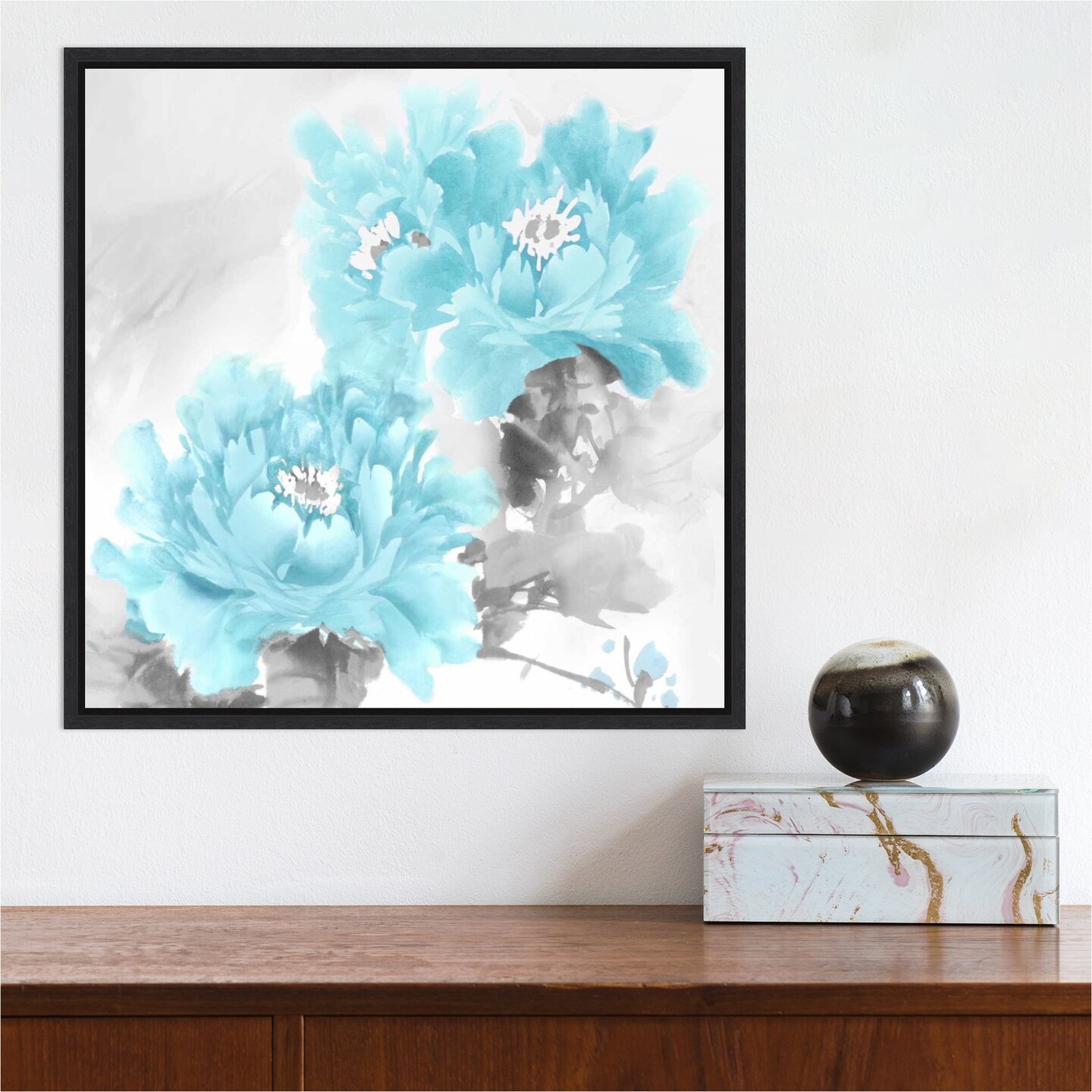 Flower Bloom in Aqua II by Jesse Stevens 16-in. W x 16-in. H. Canvas Wall Art Print Framed in Black
