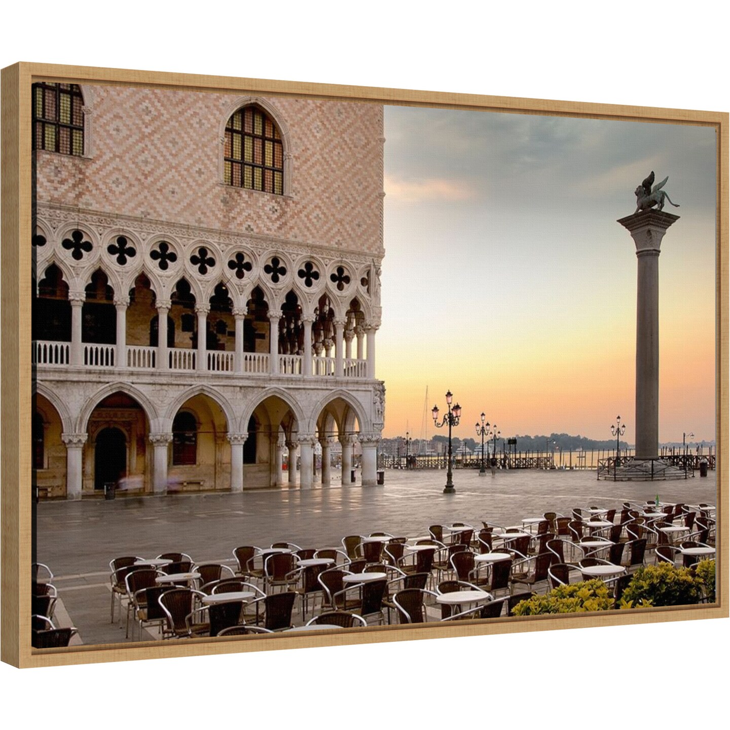 Piazza San Marco Sunrise Italy by Alan Blaustein 23-in. W x 16-in. H. Canvas Wall Art Print Framed in Natural