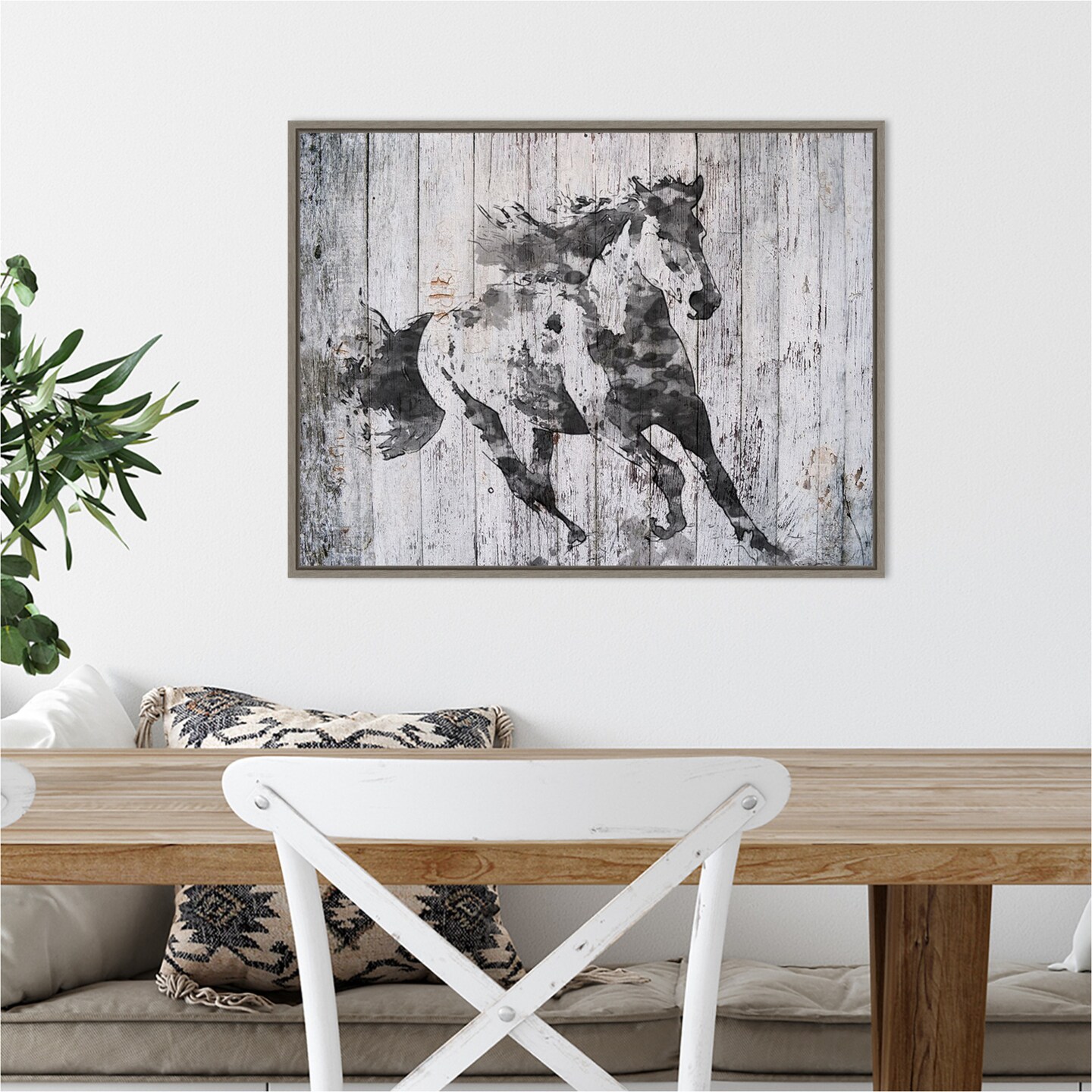 Running Black Horse by Irena Orlov 24-in. W x 18-in. H. Canvas Wall Art Print Framed in Grey