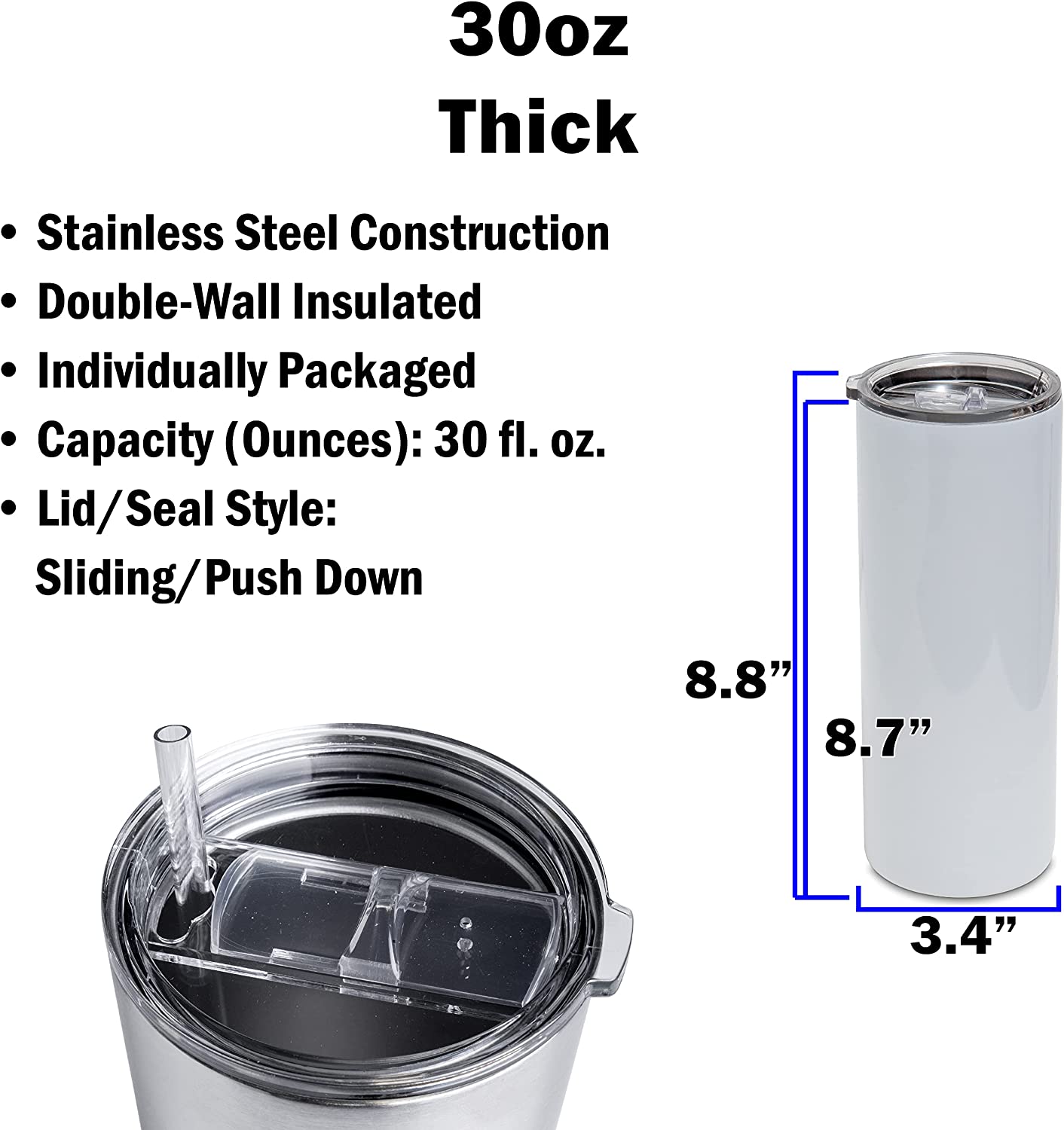 Makerflo 30 Oz Thick Sublimation Blank Tumbler with Splash Proof Lid &  Straw, DIY Gifts, 1 pc