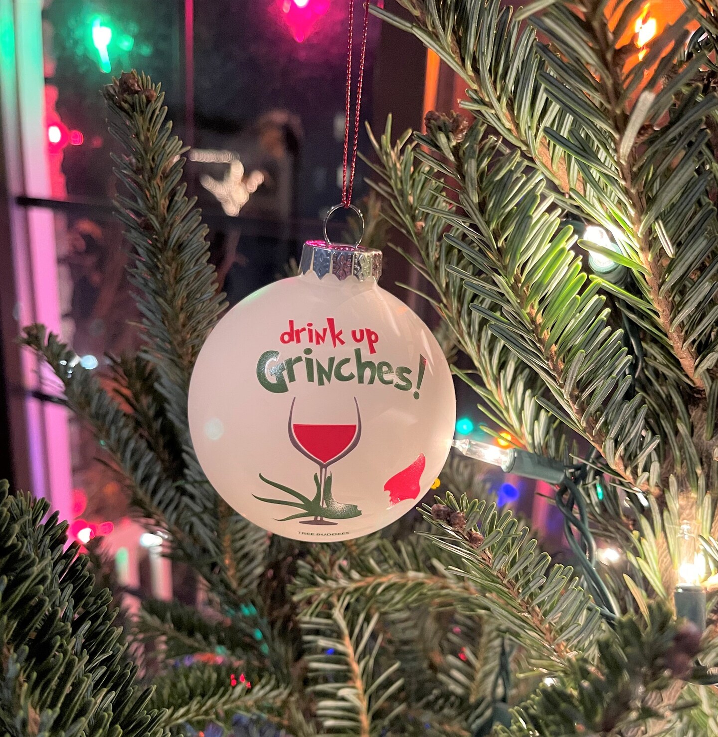 Drink Up Grinches! Funny Wine Glass Bulb Ornament