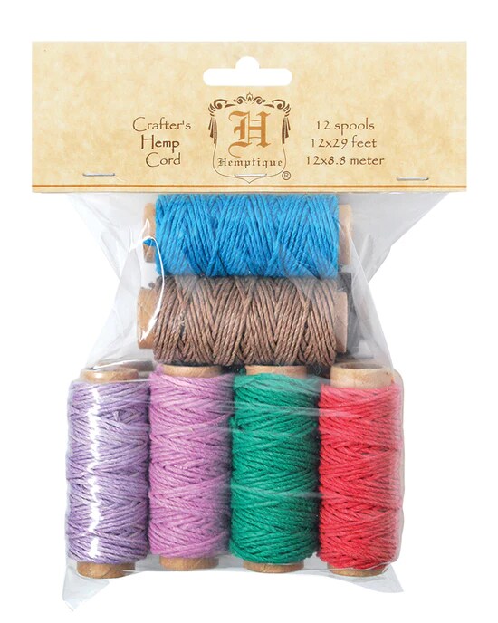 Hemptique HEMP CORD 12-PACK MINI SPOOL BAGS Eco Friendly Sustainable Naturally Grown Jewelry Bracelet Making Paper Crafting Scrapbooking Bookbinding Mixed Media Crocheting Macrame Seasonal Holiday Gift Wrapping Outdoor Gardening