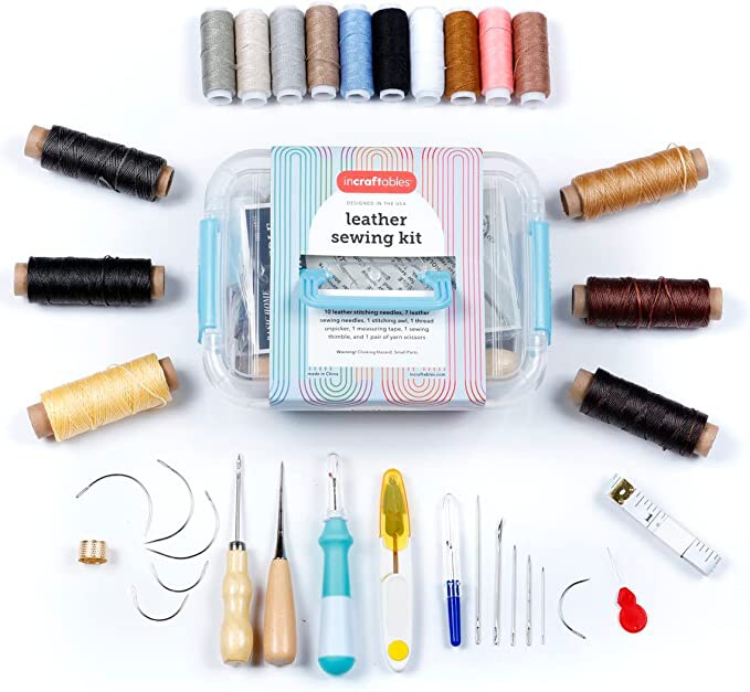 Incraftables Leather Sewing Kit. Heavy Duty Stitching Craft Working Tools  Set. Upholstery Repair Kit w/ Waxed Thread Cord, Needles, Tape, Awl,  Scissors, Unpicker & Thimble for Beginner Hand Sewing