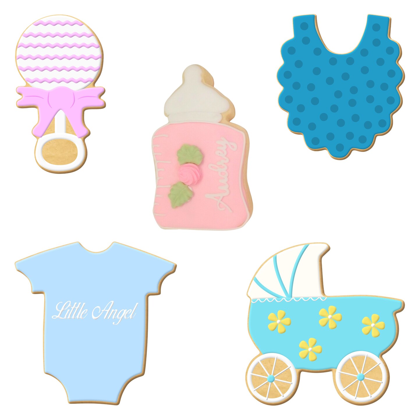 CookieCutter.com 5 Piece Baby Shower Cookie Cutter Set Carriage, Chunky Bottle, Bodysuit, Bib, Rattle, USA