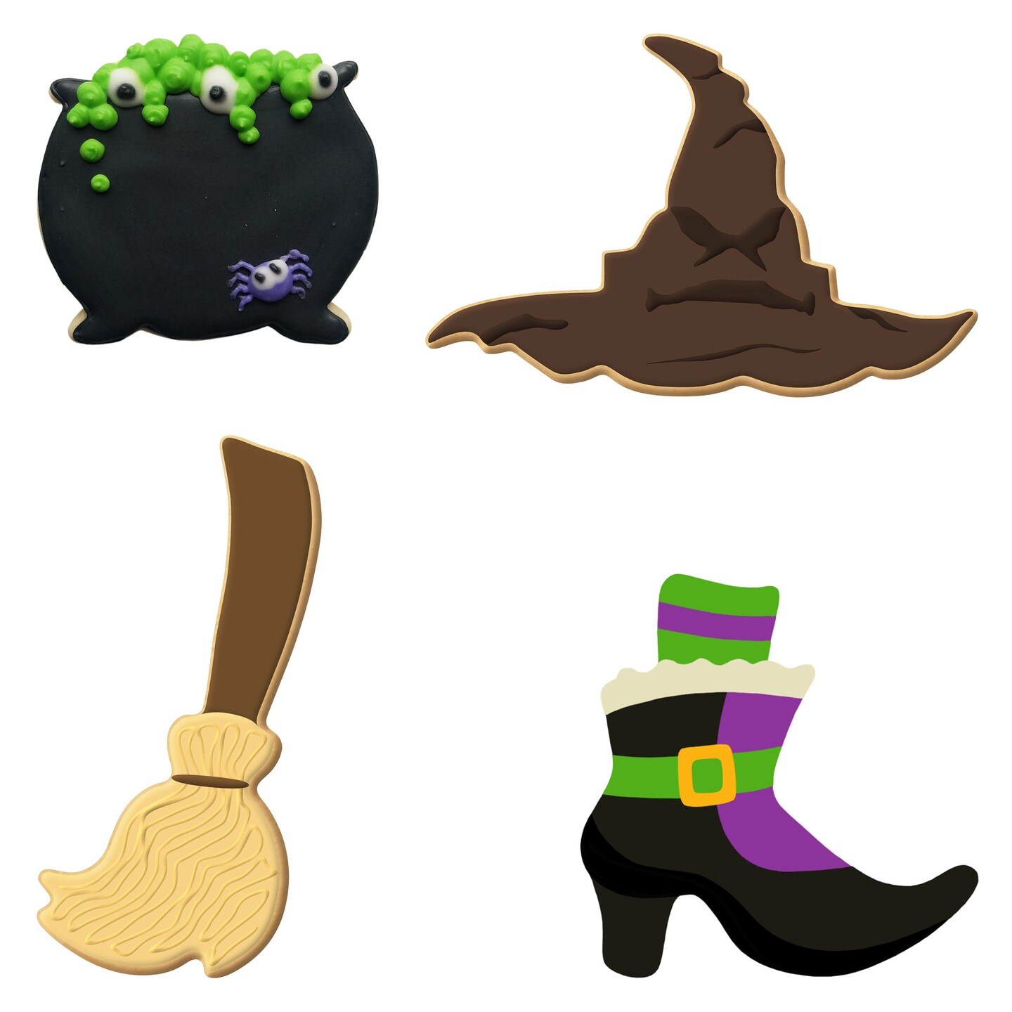 CookieCutter.com 4 Piece Halloween Witch Cookie Cutter Set Witch Broom, Hat, Shoe, Cauldron, Metal Shapes Made in USA, Silver