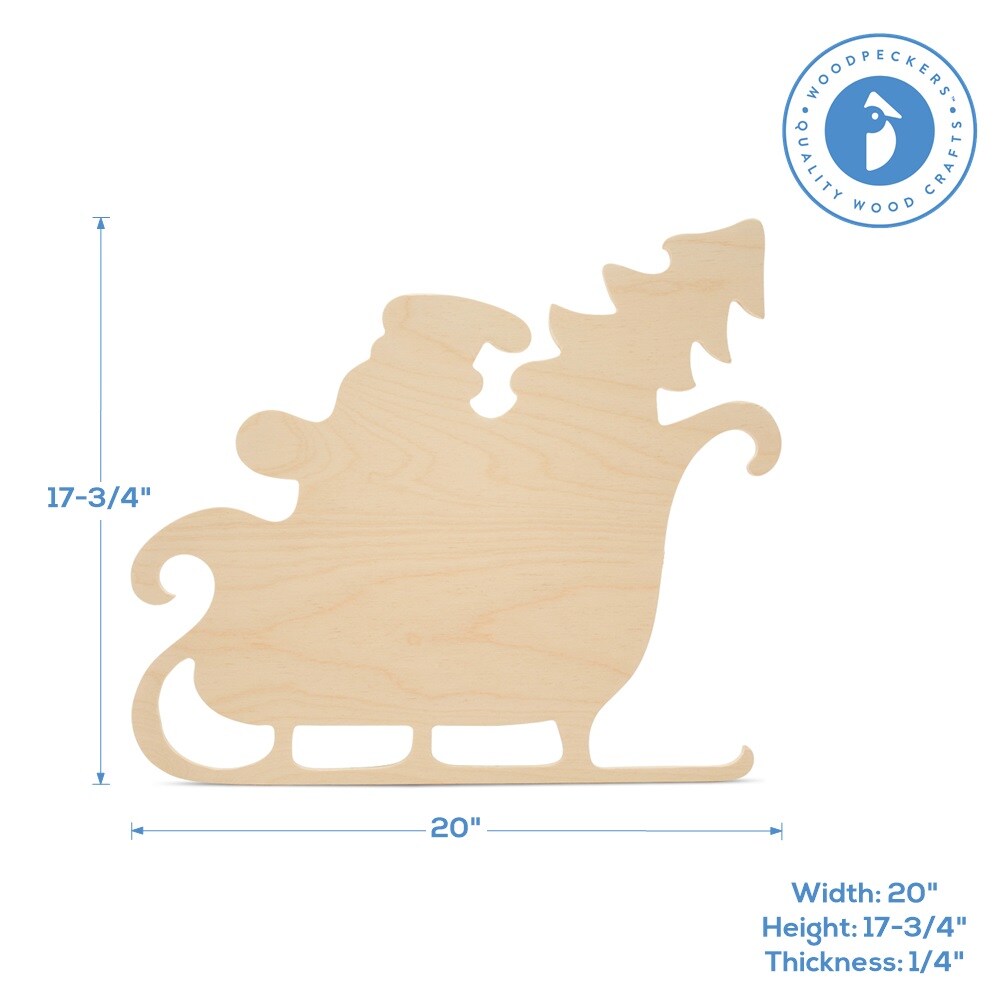 Wood Sleigh Cutout,, Multiple Sizes Available, Unfinished Christmas Sleigh for DIY Decor | Woodpeckers