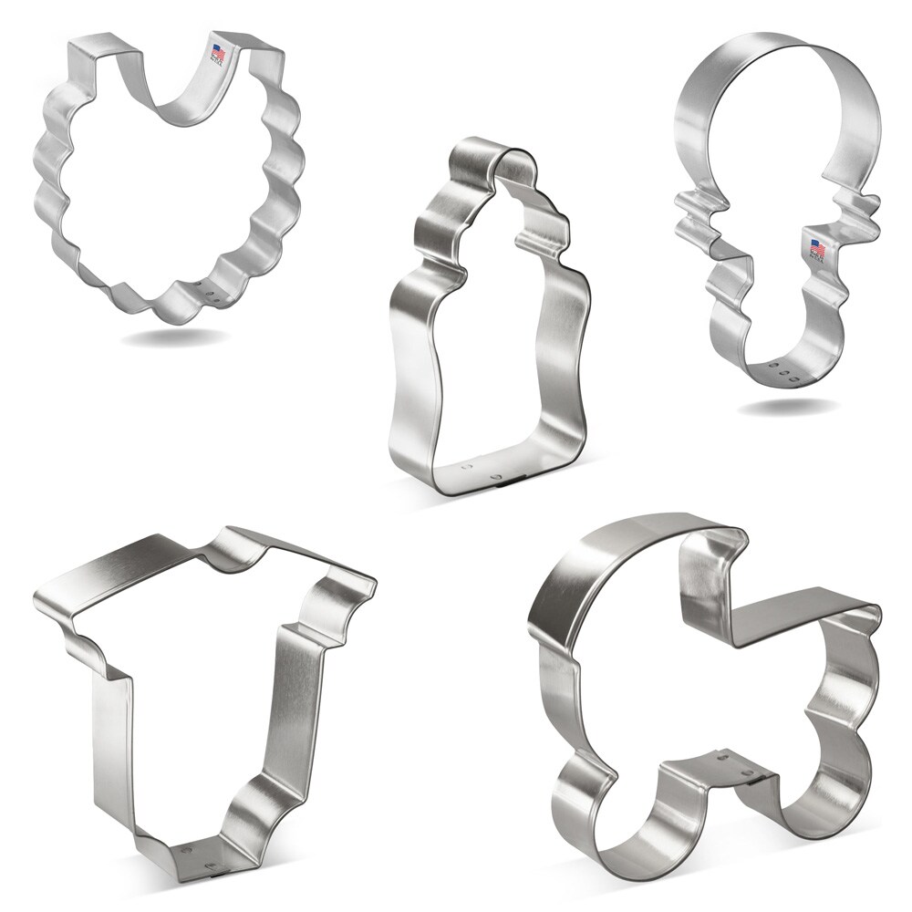 CookieCutter.com 5 Piece Baby Shower Cookie Cutter Set Carriage, Chunky Bottle, Bodysuit, Bib, Rattle, USA