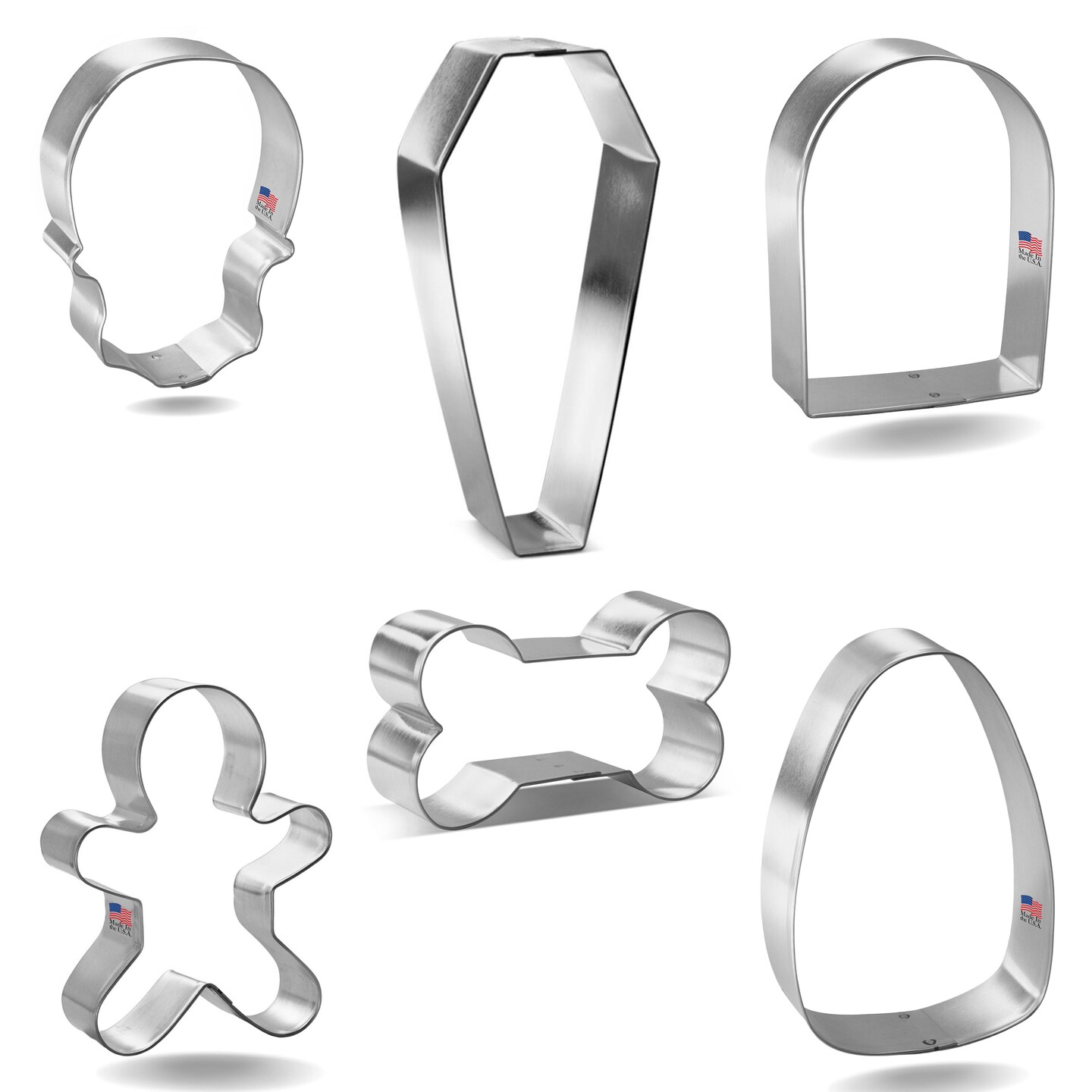 CookieCutter.com 6 Piece Halloween Spooky Graveyard Cookie Cutter Set Tombstone, Coffin, Skull, Candy Corn, Dog Bone, Skeleton, Metal Shapes Made in USA, Silver