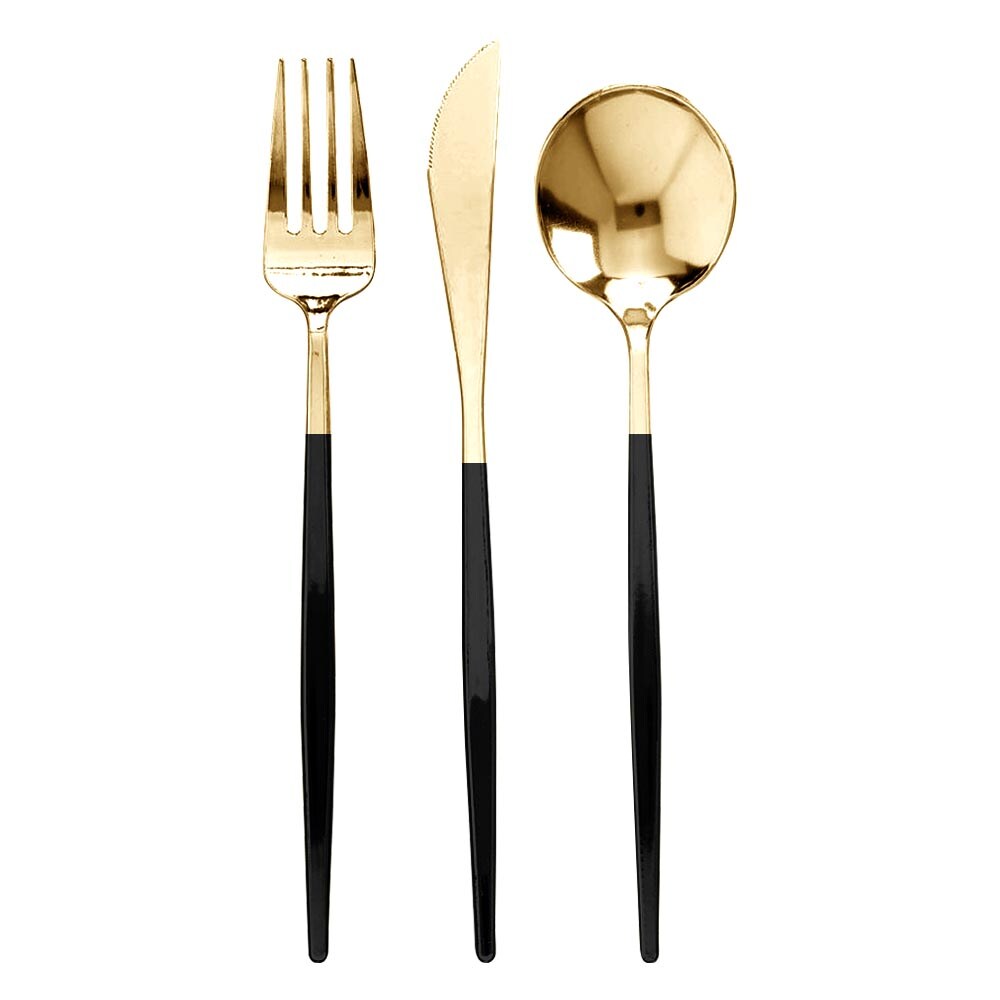 Gold with Black Handle Moderno Plastic Cutlery Set (240 Guests)