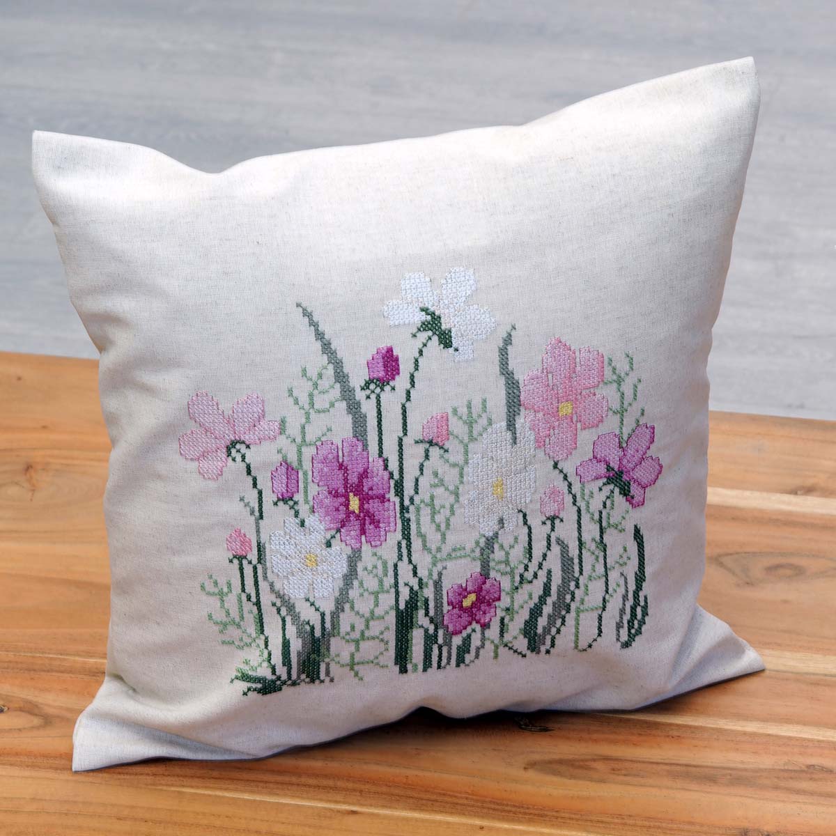 Nob Hill Purple & Pink Flowers Pillow Cover Stamped Cross-Stitch Kit ...