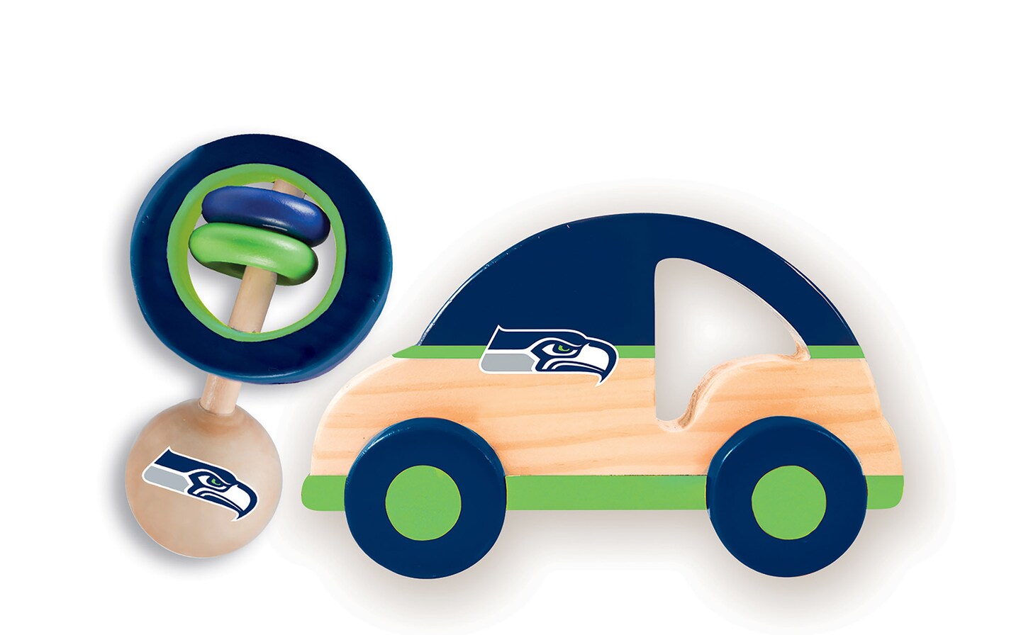 BabyFanatic Wood Rattle And Push &#x26; Pull Toy Pack - NFL Seattle Seahawks - Officially Licensed Baby And Toddler Toy Set