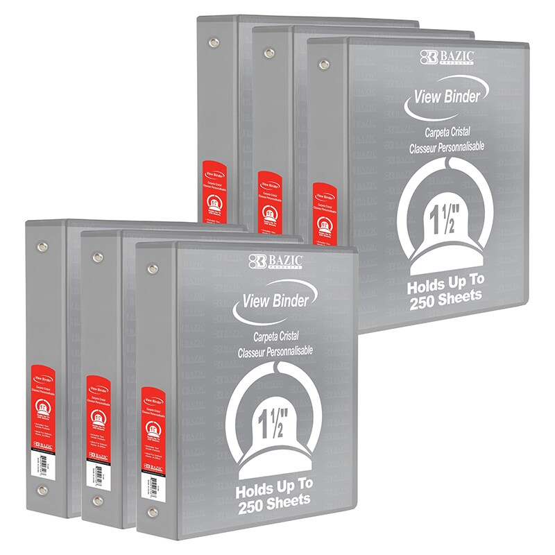 3Ring View Binder with 2 Pockets, 1.5", Gray, Pack of 6 Binders