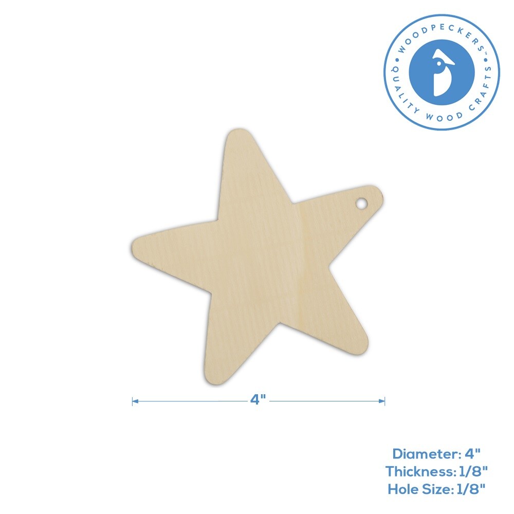 Wooden Star Christmas Tree Ornaments 4 inch, Unfinished, for Crafts|Woodpeckers