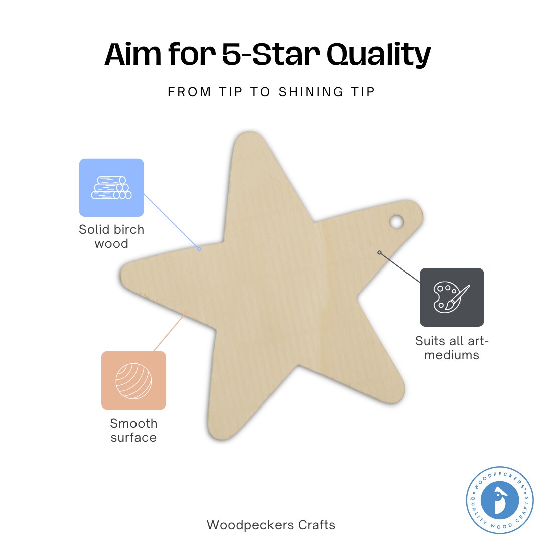 Wooden Star Christmas Tree Ornaments 4 inch, Unfinished, for Crafts|Woodpeckers