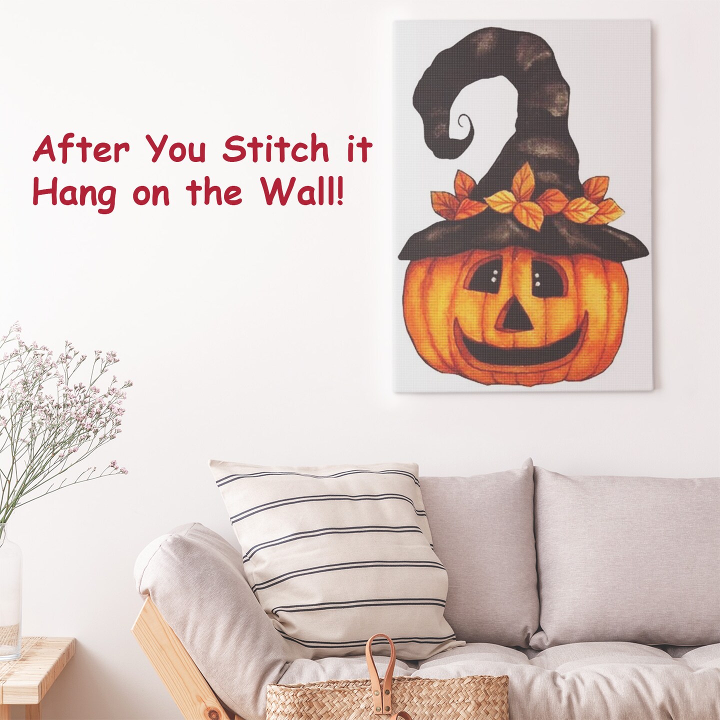 Folk Art Pumpkin in Witch Hat Halloween Counted Cross Stitch Pattern
