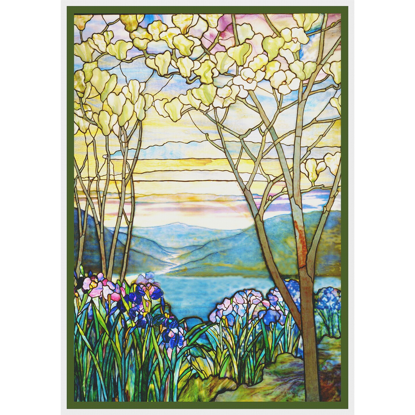 Iris Flowers and Magnolia Trees inspired by Louis Comfort Tiffany Counted Cross Stitch Pattern