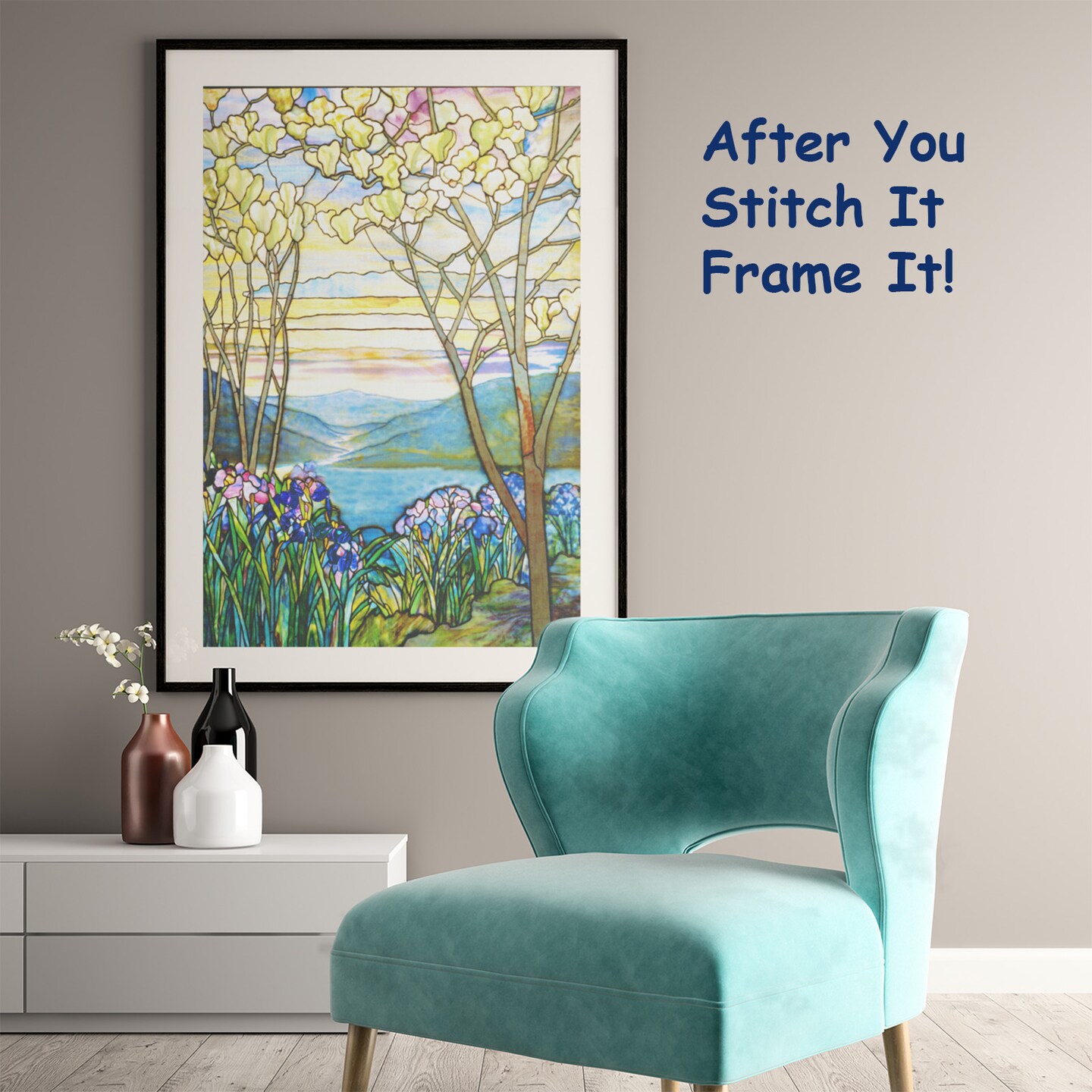 Iris Flowers and Magnolia Trees inspired by Louis Comfort Tiffany Counted Cross Stitch Pattern