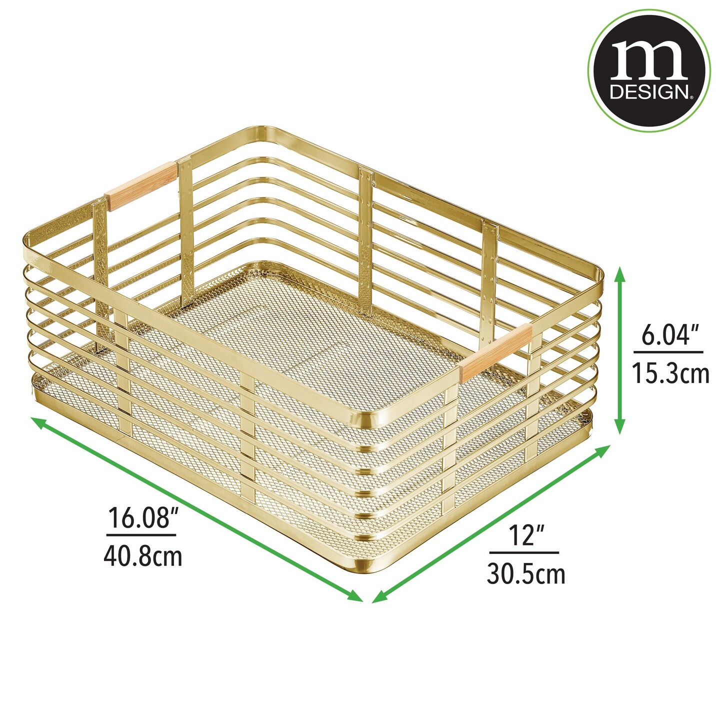 mDesign Metal Rustic Large Food Storage Bin Basket - 2 Pack - Soft Brass/Natural