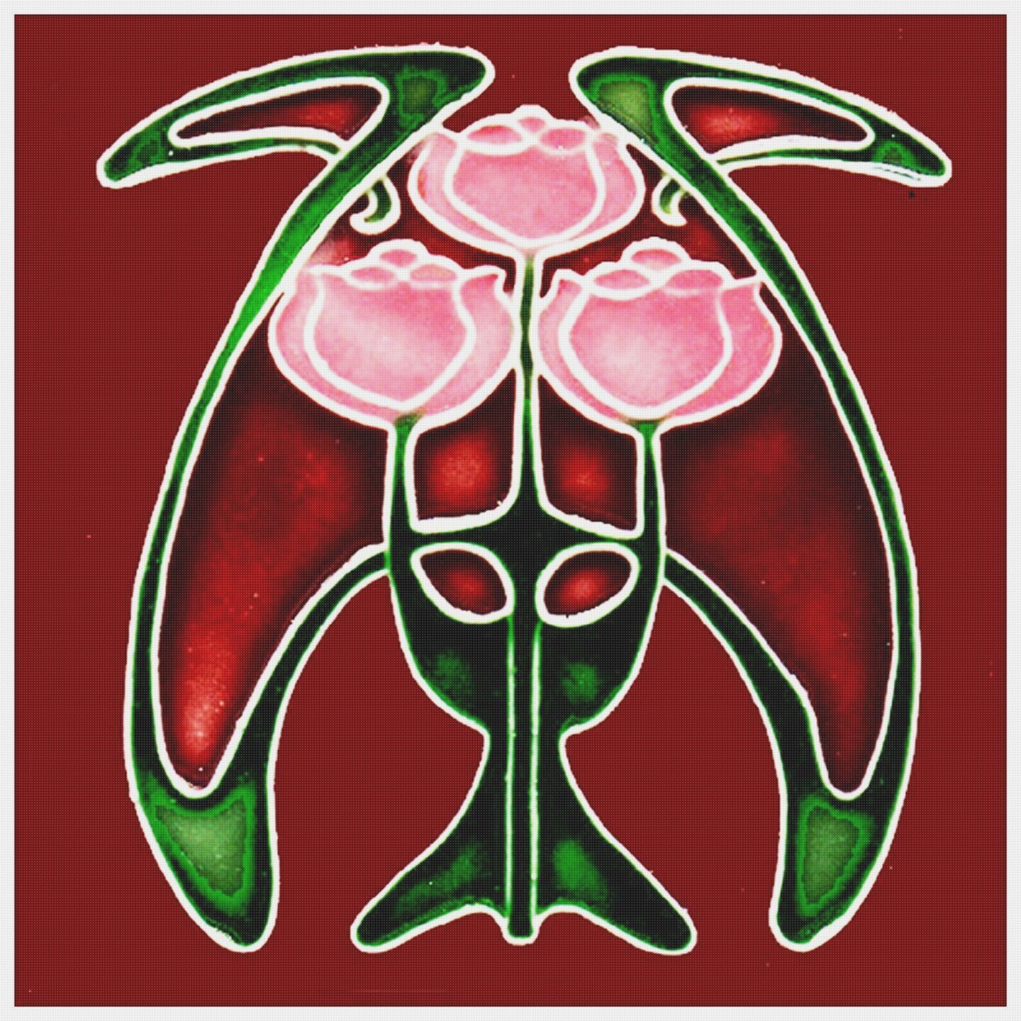 Art Nouveau 3 Pink Roses Flower Red Background Counted Cross Stitch Pattern