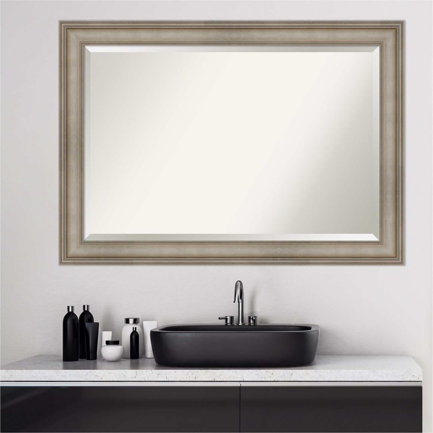Beveled Wood Bathroom Wall Mirror, Mezzanine Antique Silver Narrow Frame