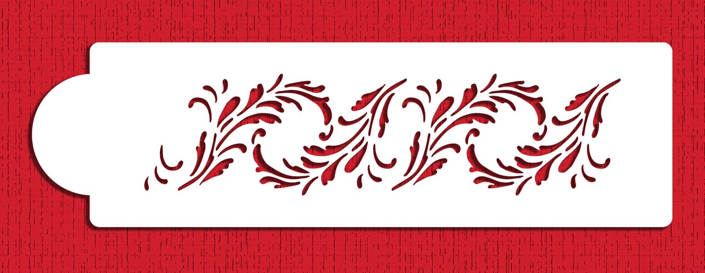 Feathered Scroll Cake Stencil Side | C160T by Designer Stencils | Cake Decorating Tools | Baking Stencils for Royal Icing, Airbrush, Dusting Powder | Reusable Plastic Food Grade Stencil for Cakes | Easy to Use &#x26; Clean Cake Stencil