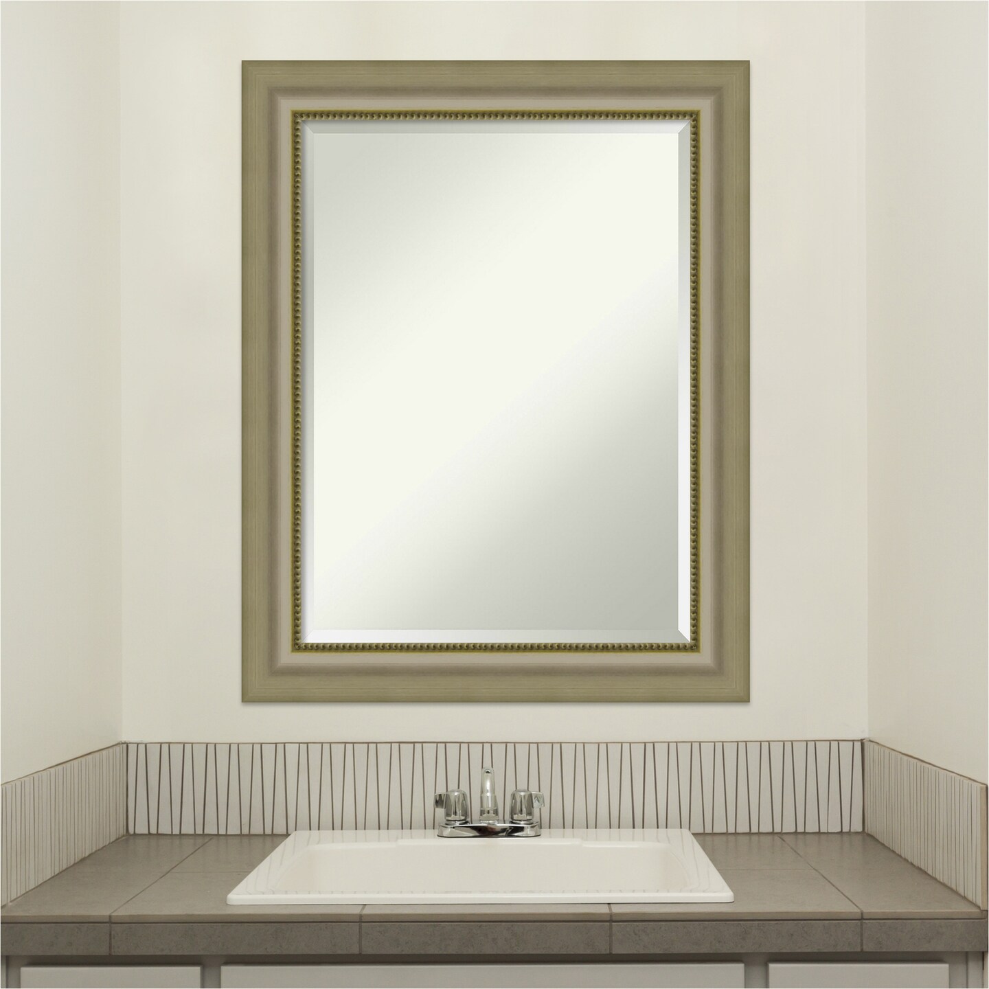 Beveled Wood Bathroom Wall Mirror, Vegas Silver Frame