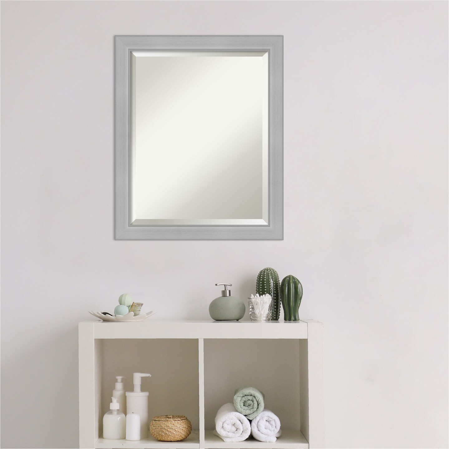 Beveled Bathroom Wall Mirror, Vista Brushed Nickel Narrow Frame