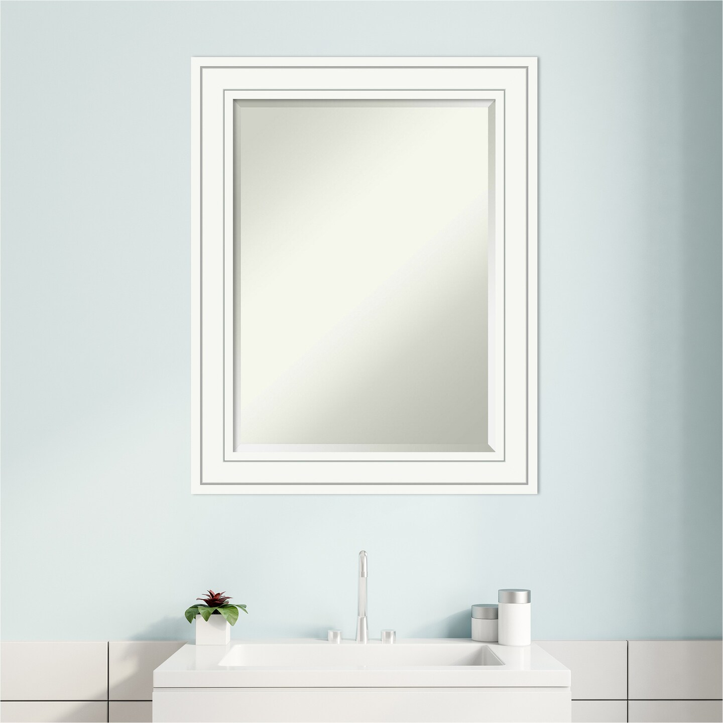 Beveled Wood Bathroom Wall Mirror, Craftsman White Frame