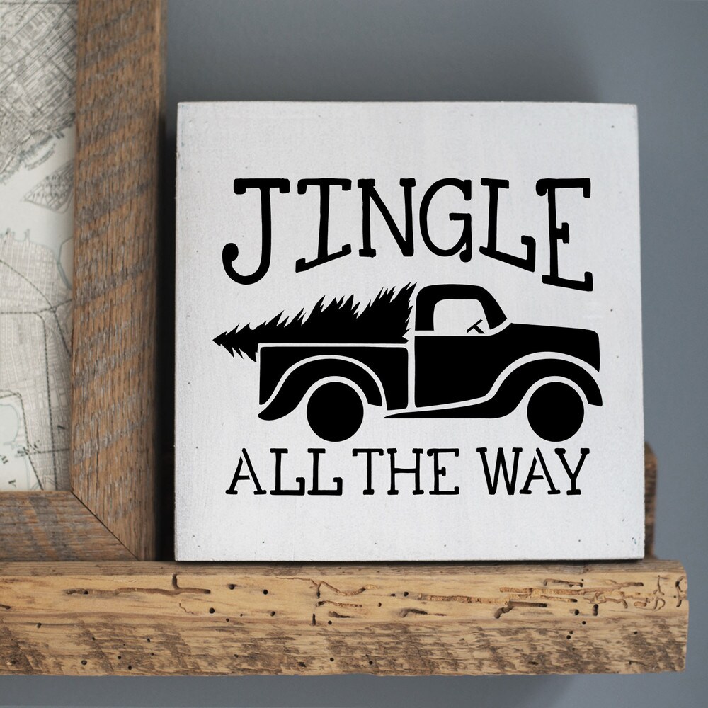 Jingle All the Way Vintage Truck &#x26; Tree Embossing 12 x 12 Stencil | FS095 by Designer Stencils | Word &#x26; Phrase Stencils | Reusable Stencils for Painting on Wood, Wall, Tile, Canvas, Paper, Fabric, Furniture, Floor | Stencil for Home Makeover